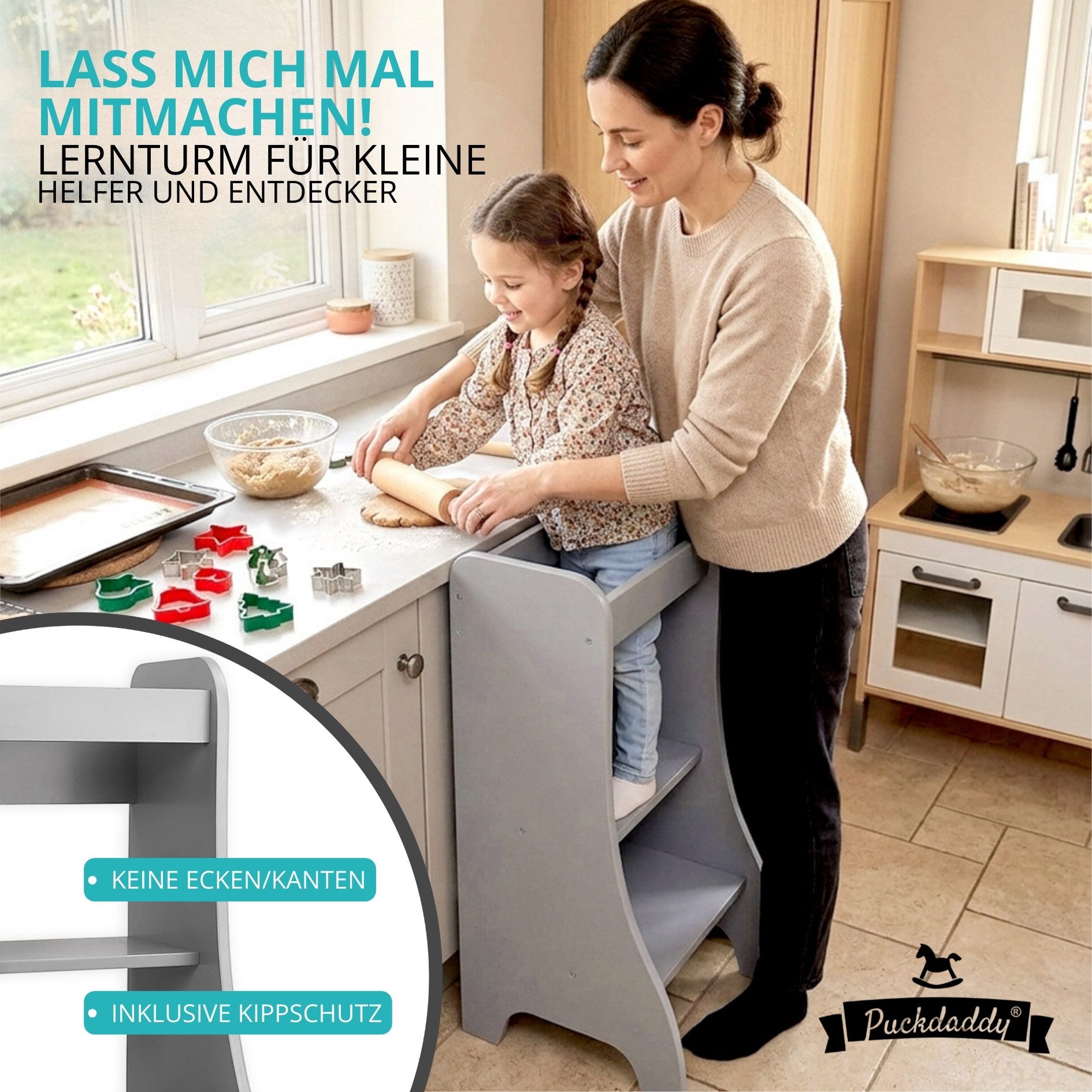 Puckdaddy GmbH Stehhilfe Lernturm ab 1 Jahr, Tritthocker Grau, höhenverstellbar, Holz, stabil