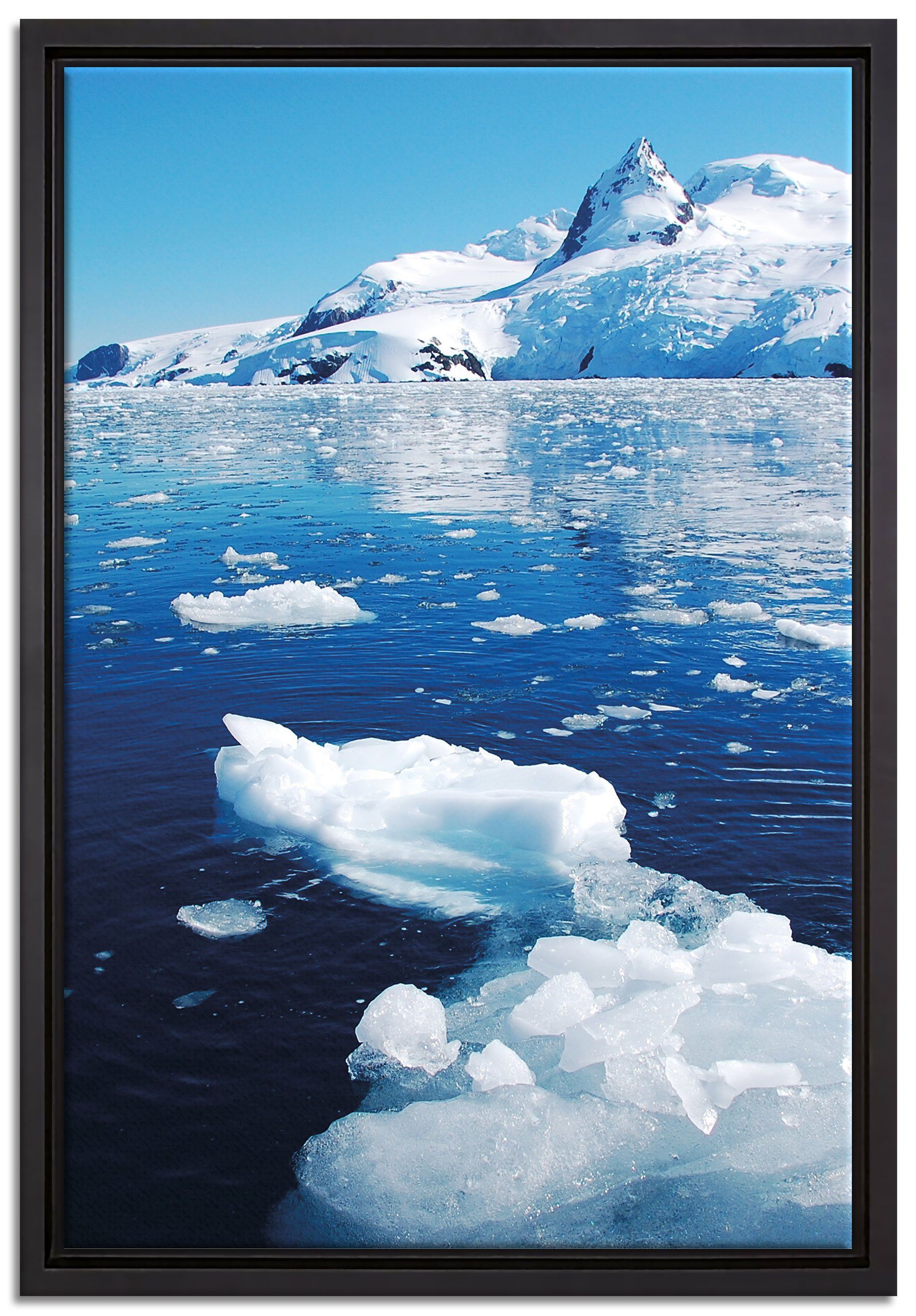 Pixxprint Leinwandbild Eisberge im Meer Arktis, Wanddekoration (1 St), Leinwandbild fertig bespannt, in einem Schattenfugen-Bilderrahmen gefasst, inkl. Zackenaufhänger