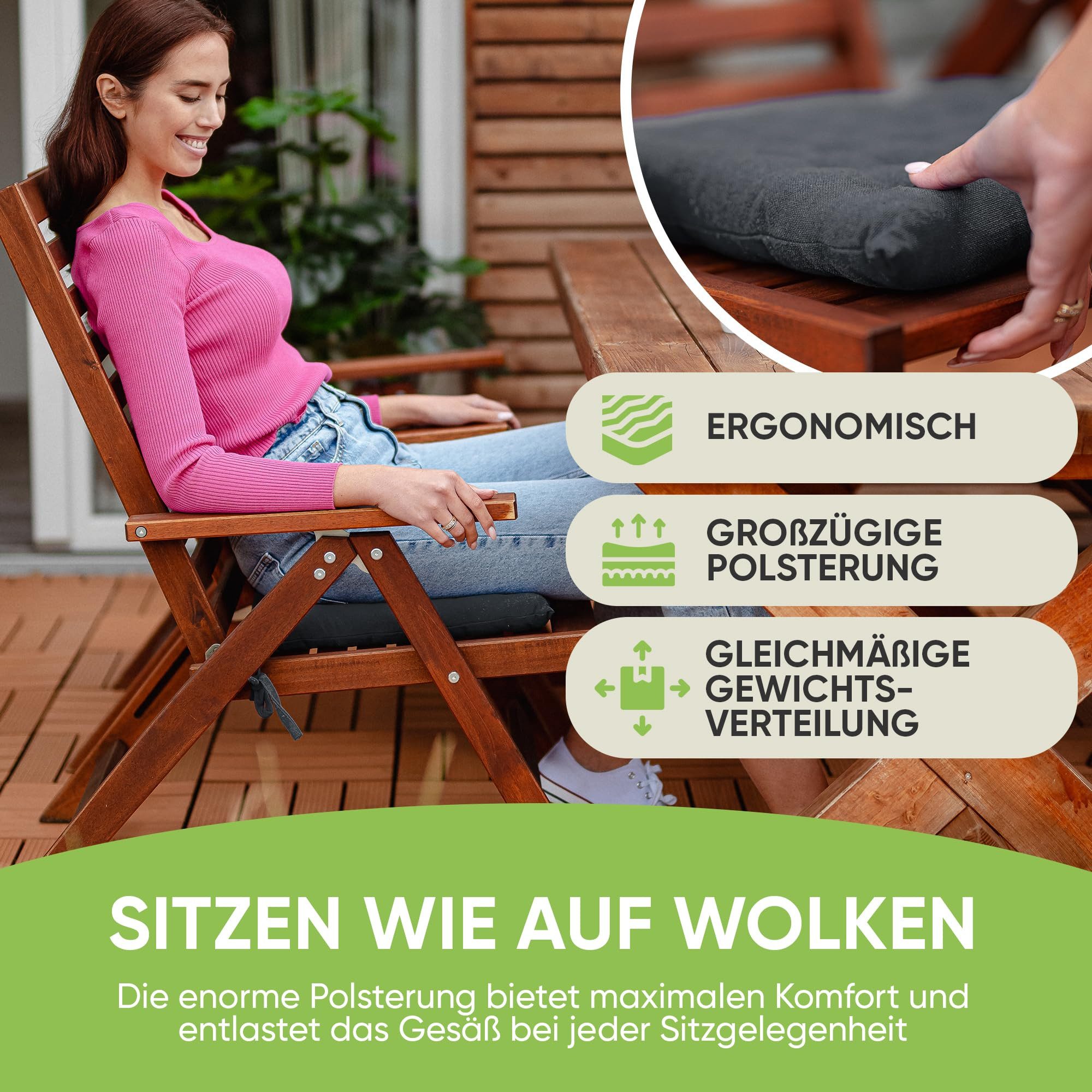 Gräfenstayn Stuhlkissen 4er-Set in 40x40cm und 5cm dicker Polsterung aus 100% Baumwolle, robustes Sitzkissen für Indoor & Outdoor, mit Haltebändern