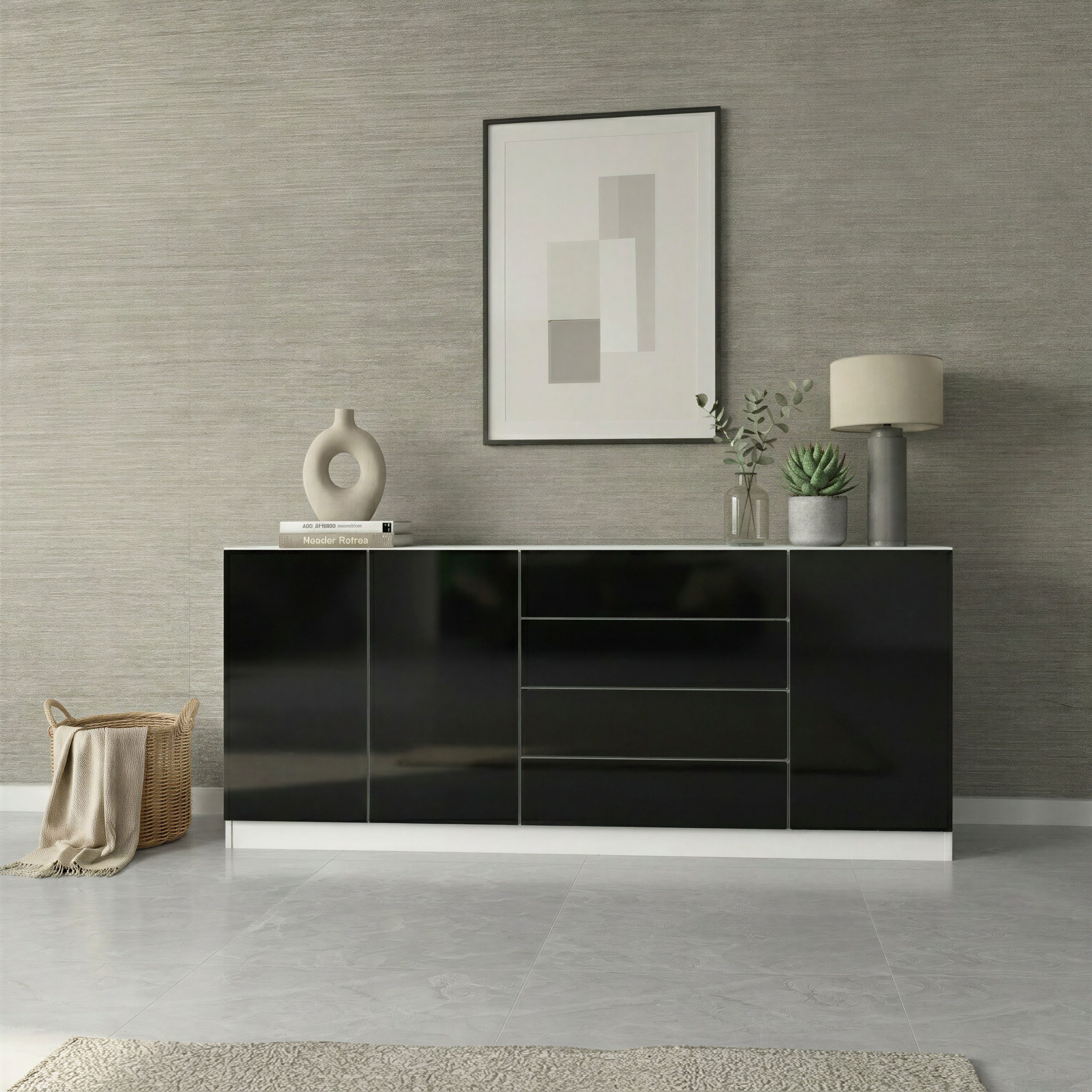 borchardt Möbel Sideboard Vaasa, Kommode mit 3 Türen und 4 Schubkästen auf Kugelführungen, Breite 190 cm