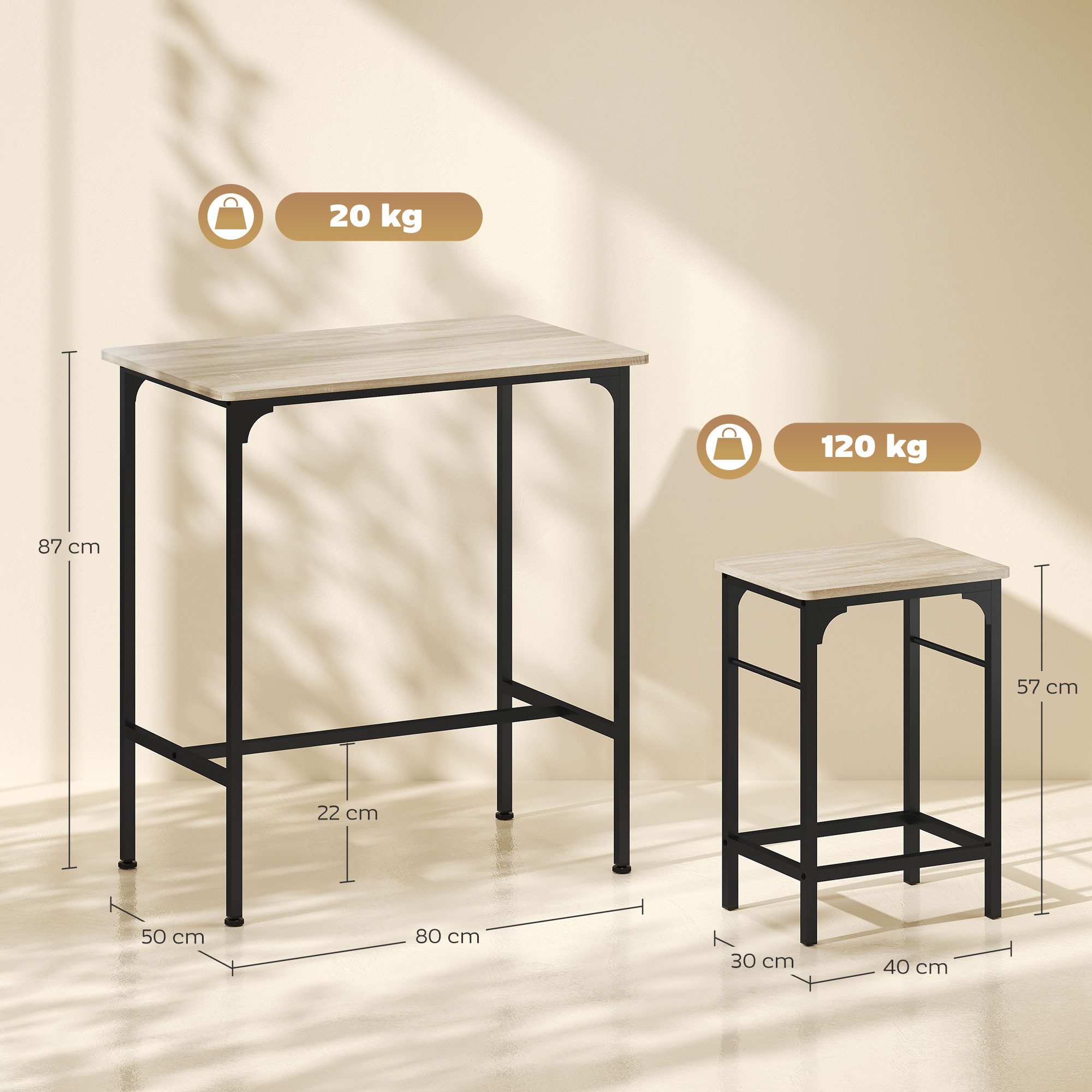 HOMCOM Bargruppe mit 2 Barhocker, rutschfestem Fußpolster, (Set, 3-tlg., Tisch mit 2 Hockern), Hocker unter Tisch schiebbar