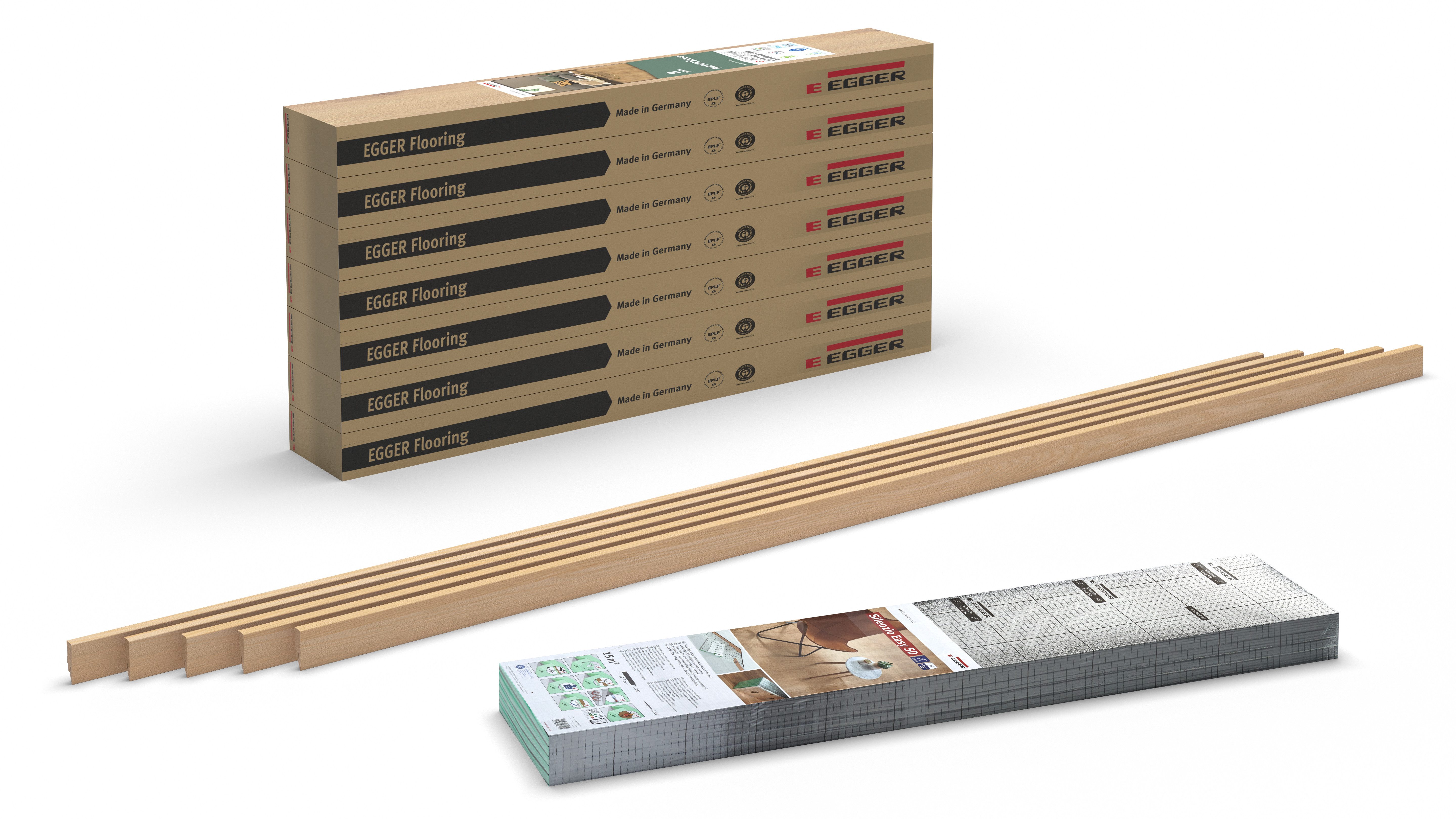 EGGER Laminat Set 8mm NL2133 Baronia Eiche 8mm - 14m² (7 Pakete Fußboden), inkl. 5 Sockelleisten (12m) und Trittschalldämmung
