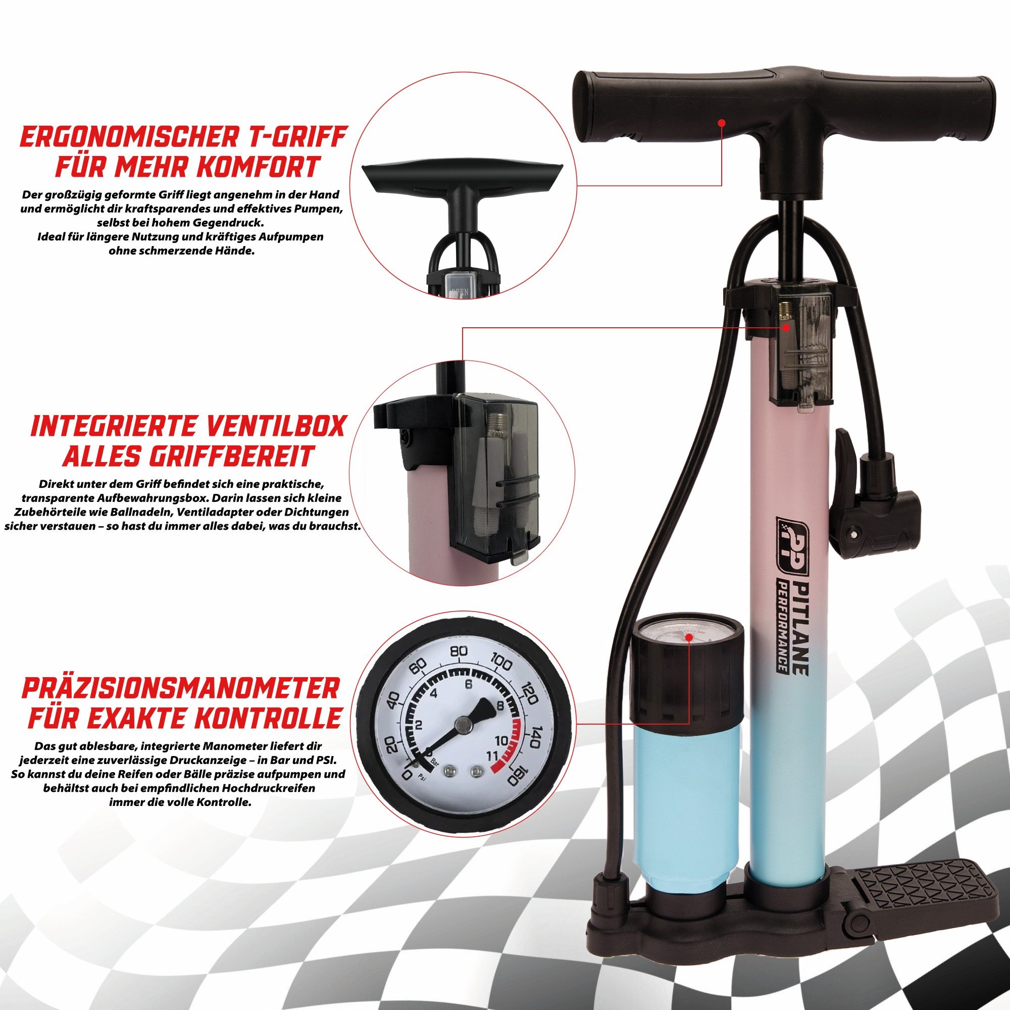 Pitlane Performance Standpumpe Fahrrad & Luftpumpe Auto Fahrradpumpe bis 11 Bar für alle Ventile, Professionelle Bike Pump & Air Pump Luftpumpe Fahrrad Pumpe