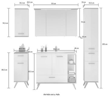 Saphir Badmöbel-Set Quickset Mineralmarmor-Waschtisch mit LED-Spiegelschrank, (6-St), Unterschrank, Hängeschrank, Hochschrank, 9 Türen, 3 Schubladen