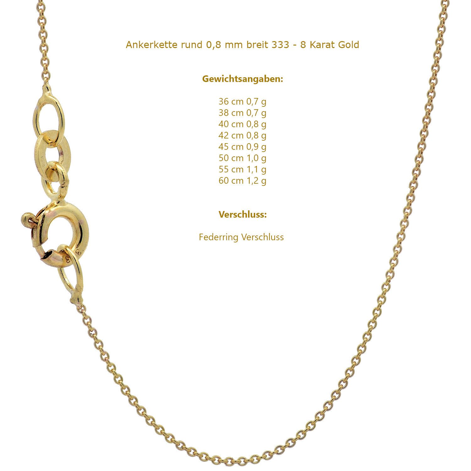 HOPLO Goldkette Goldkette Ankerkette rund 333 - 8 Karat Gold 0,8 mm - 38 cm, Made in Germany