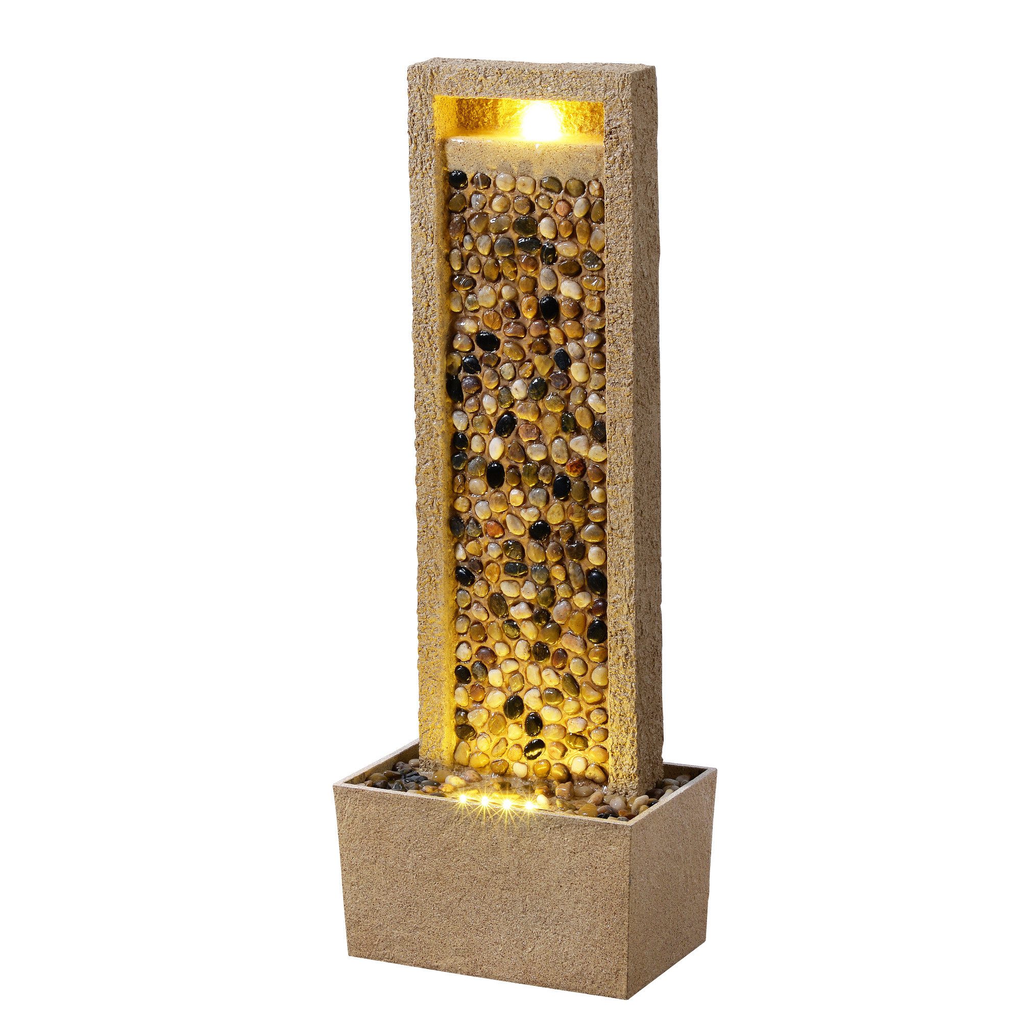 Teamson Home Gartenbrunnen Hoher Gartenbrunnen mit LED im River-Rock-Design, Braun