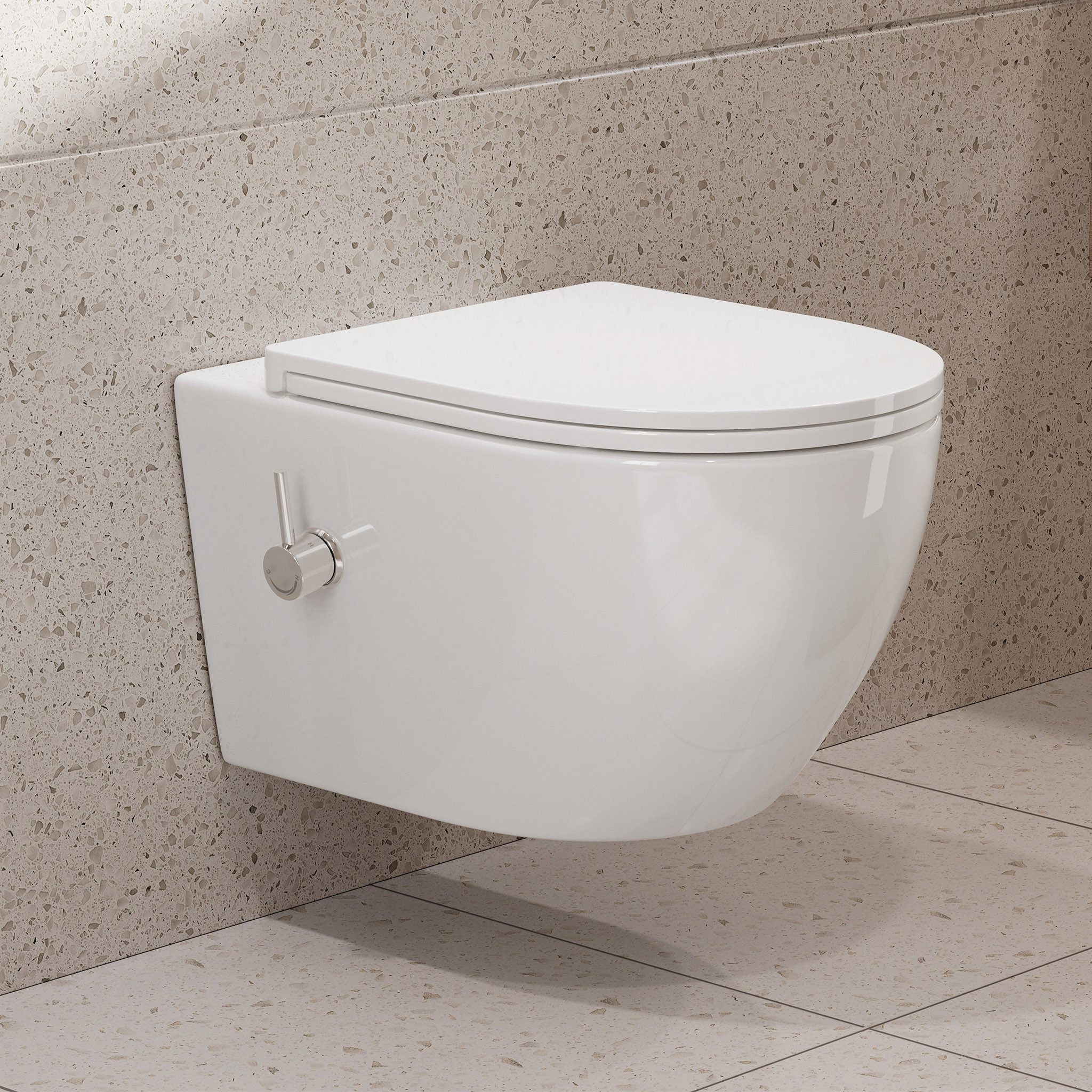 HOROW Dusch-WC Taharet -WC mit Softclose Toilettensitz, spülrandlose Toilette, Toilette mit Bidet-Funktion, Abgang waagerecht, Set, Wand-WC mit WC-Sitz Absenkautomatik
