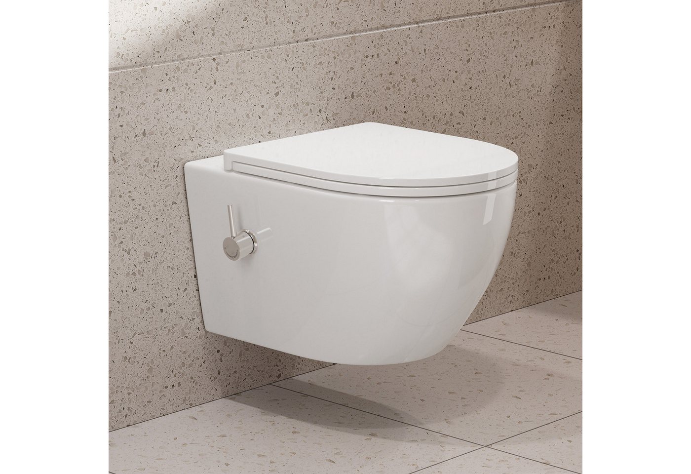 HOROW Dusch-WC Taharet -WC mit Softclose Toilettensitz, spülrandlose Toilette, Toilette mit Bidet-Funktion, Abgang waagerecht, Set, Wand-WC mit WC-Sitz Absenkautomatik