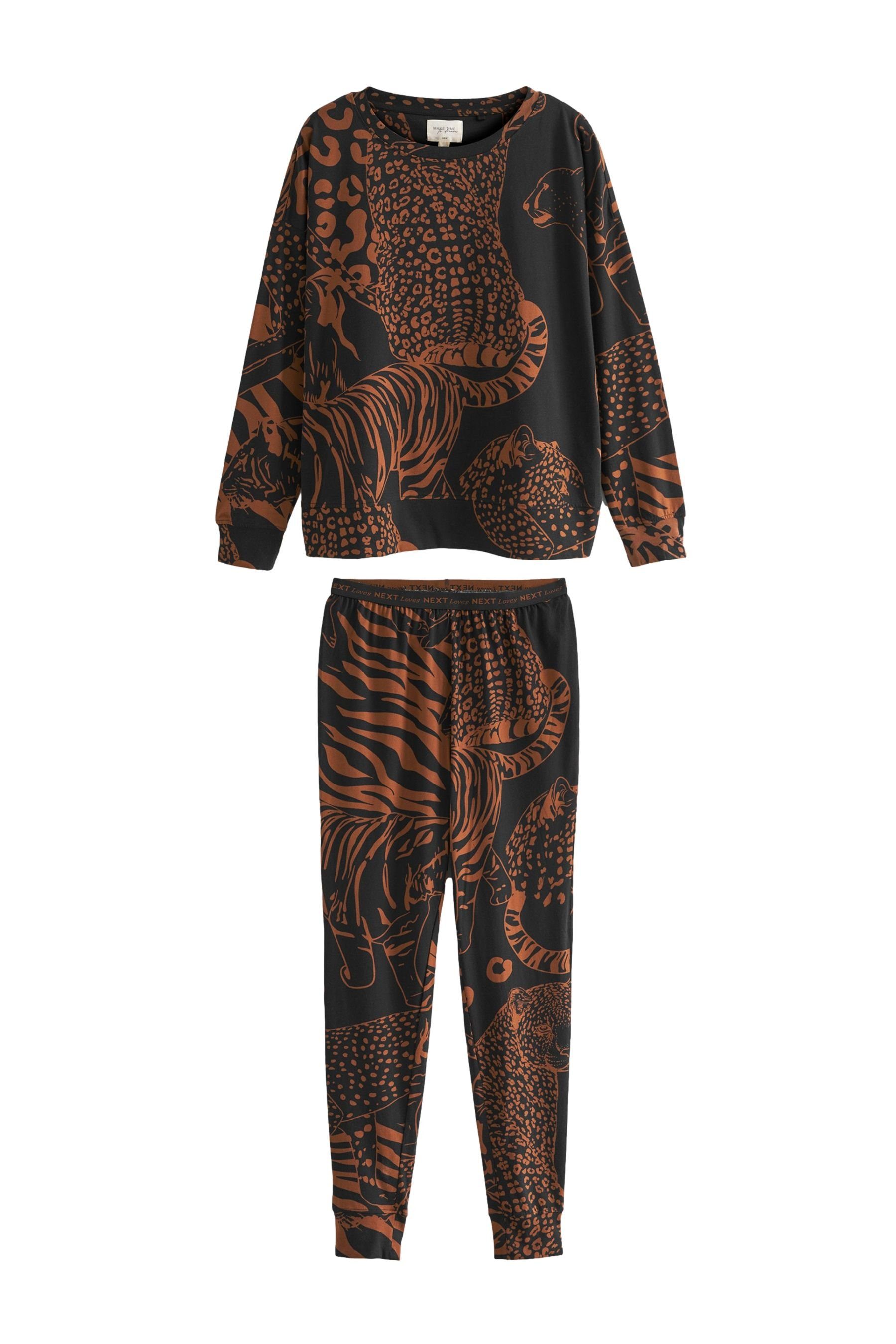 Next Pyjama Langärmeliger Pyjama aus Baumwolle (2 tlg) Black/Tan Brown Animal