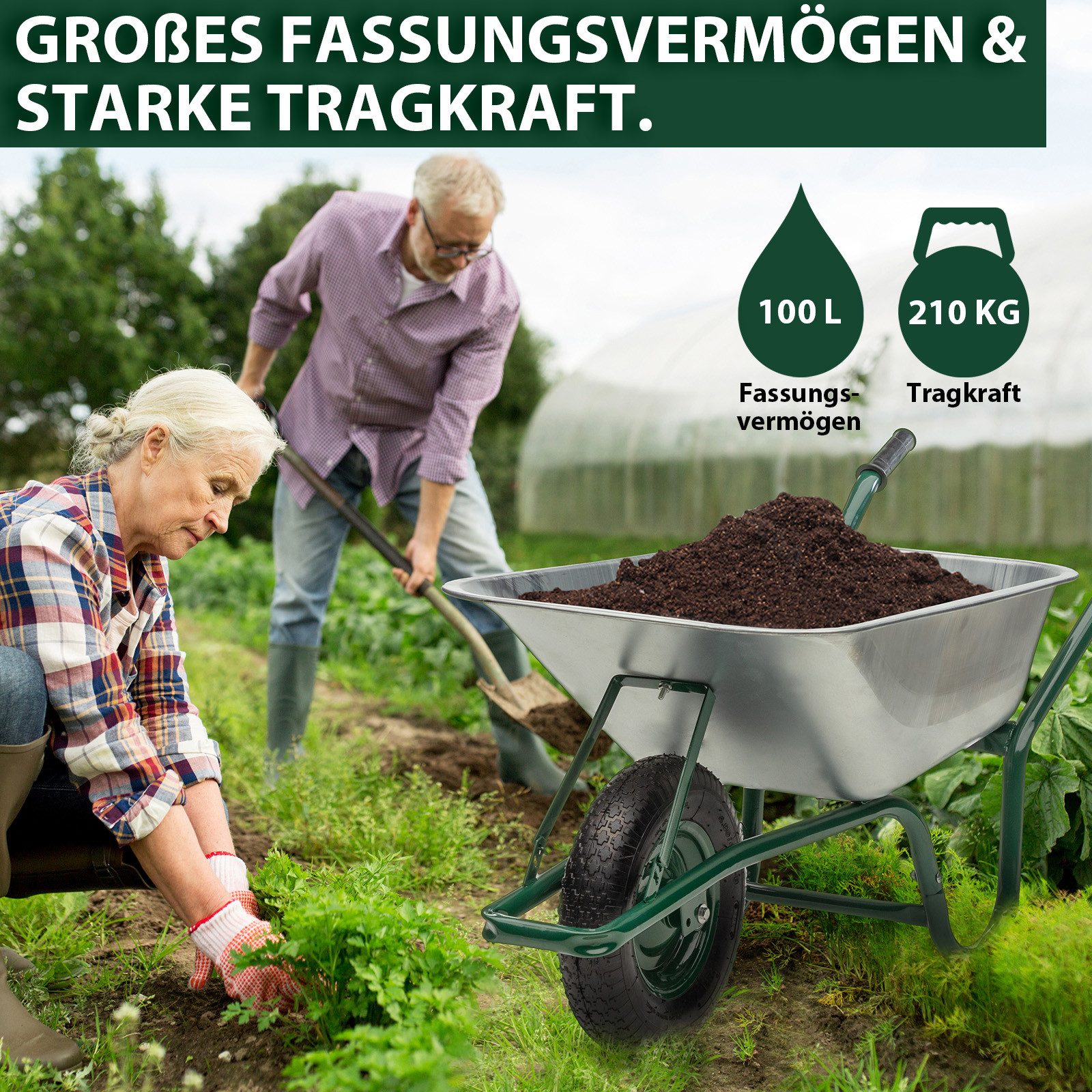 Midori Schubkarre, Gartenkarre 100 L Fassungsvermögen Traglast 210 kg Transportkarre