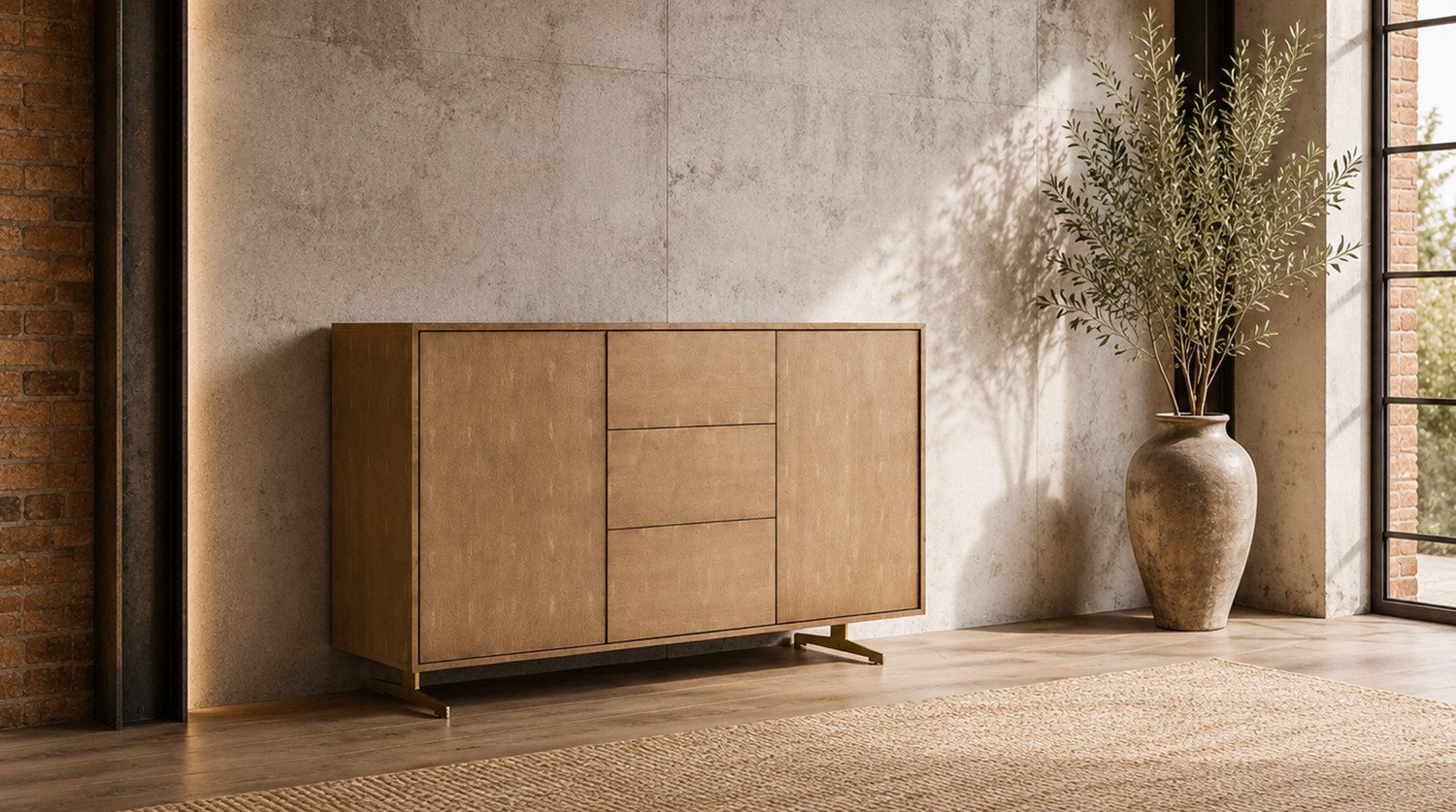 KAWOLA Buffet GALA 2 Türen 3 Schubladen Kunstleder goldfarben 140/85/40 cm (B/H/T)