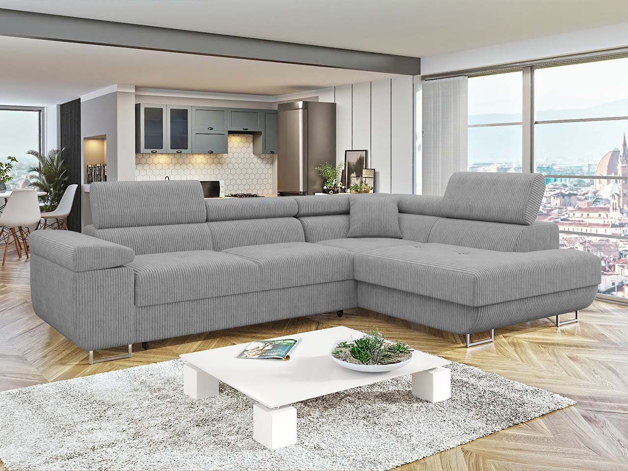 Mirjan24 Ecksofa Torezio Cord, mit Bettkasten und Schlaffunktion, Einstellbare Kopfstützen, 274x203x70-87 cm Poso 110