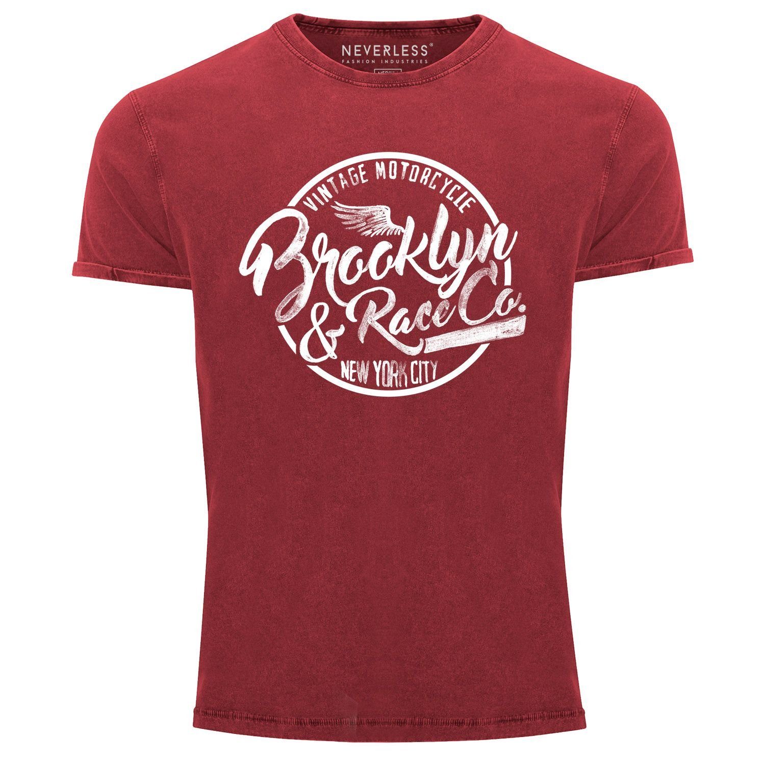 Slim T-Shirt Neverless® Shirt Fit Herren Angesagtes Vintage Brooklyn Racing Cooles Print Used Print-Shirt mit Look rot Neverless