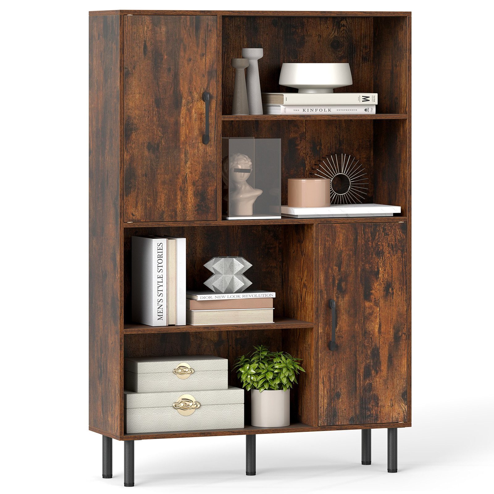 COSTWAY Bücherregal, mit 2 Türen & 4 Regalen, Kippsicherung, Holz, 80x24x119.5cm