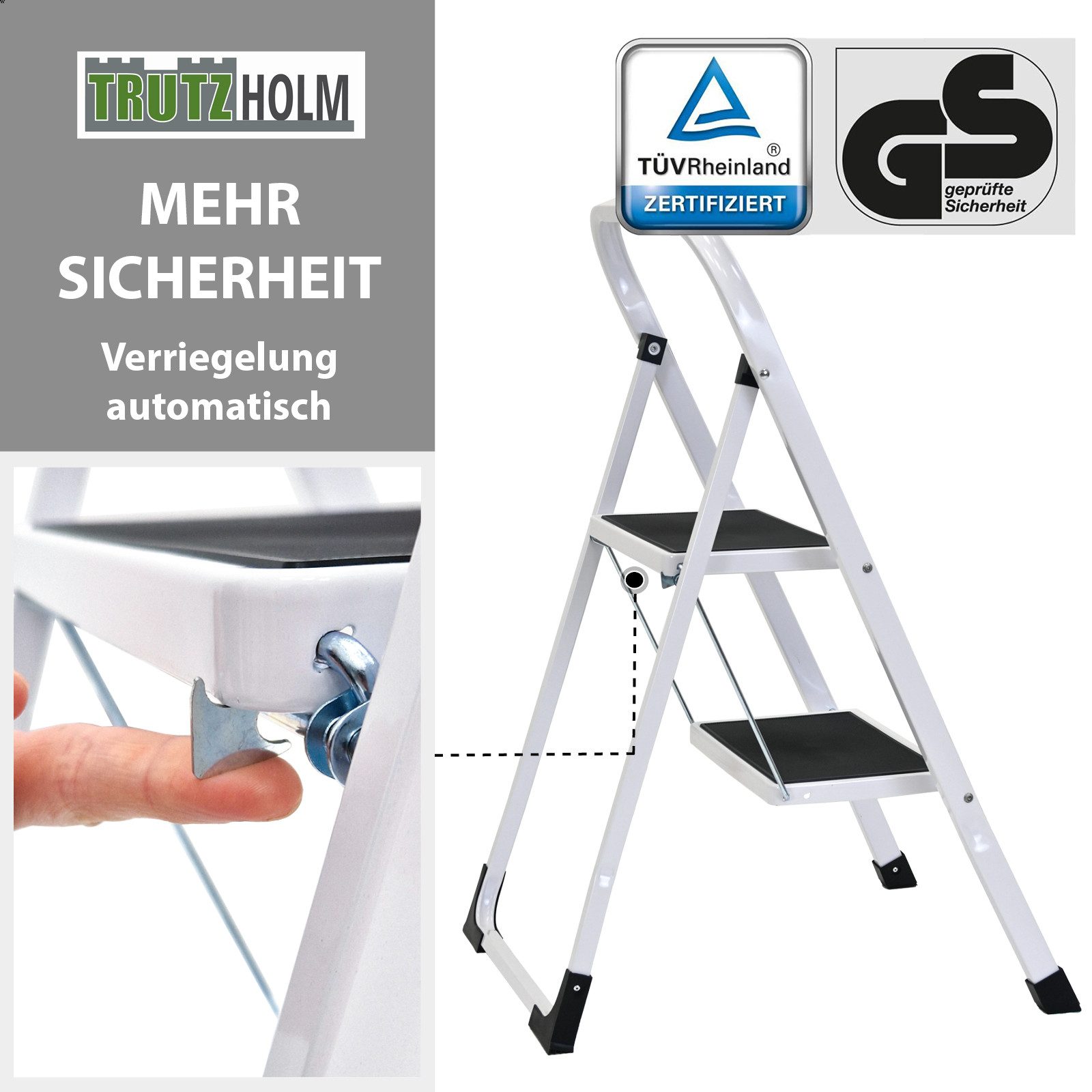 TRUTZHOLM Klapptritt Trittleiter 2 Stufen klappbar TÜV/GS 150 kg Anti-Rutsch Leiter in weiß – Bild 5 von 5
