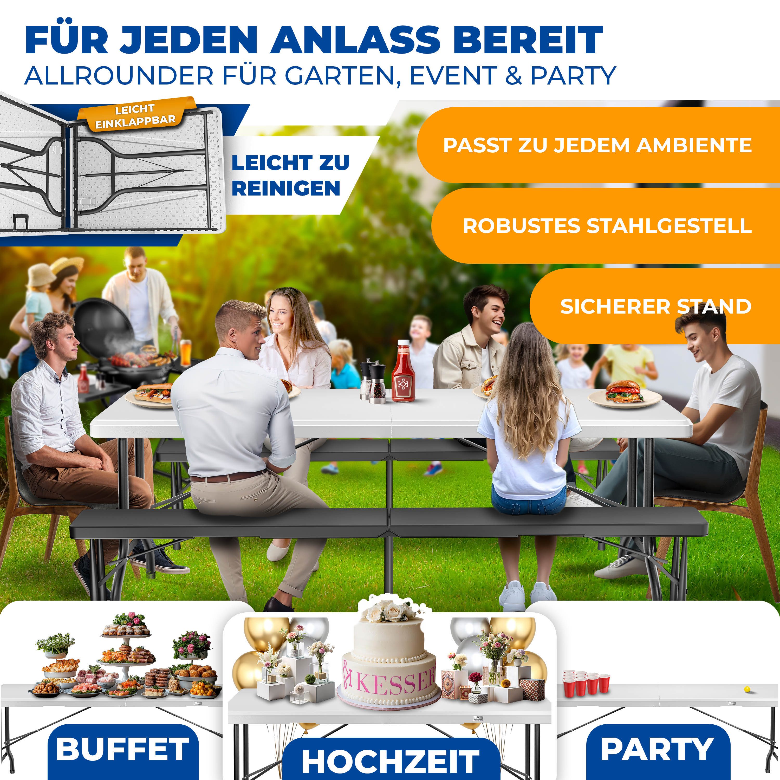 KESSER Tabletttisch, Buffettisch Tisch klappbar Kunststoff 183/220x76 cm Campingtisch