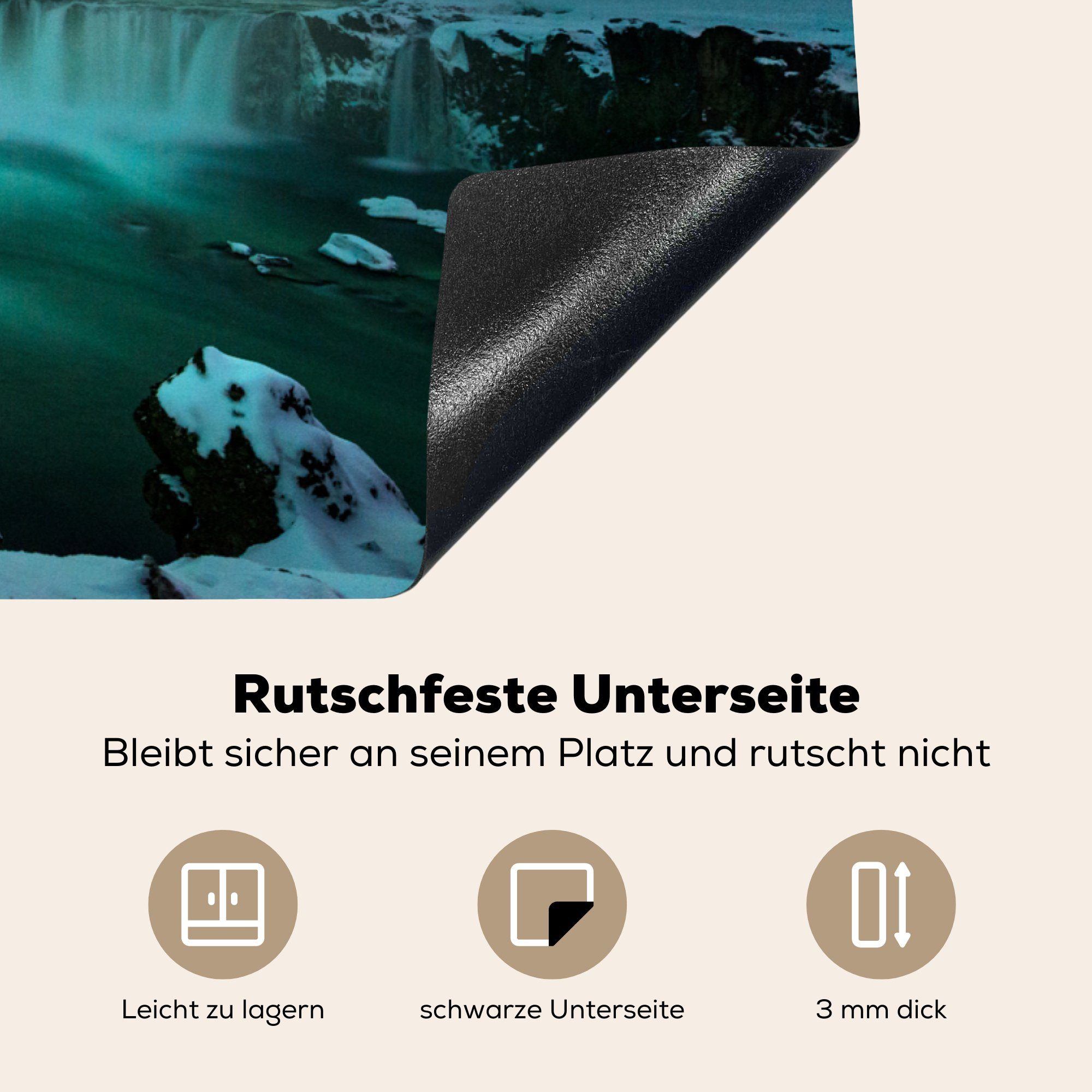 Island, küche, tlg), Vinyl, Herdblende-/Abdeckplatte 81x52 (1 Schutz Induktionskochfeld für Ceranfeldabdeckung MuchoWow Nordlichter - cm, Natur - die Schnee -