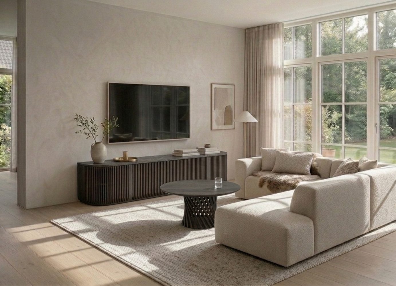Woodek Design TV-Schrank TV-Lowboard FRANZ aus massiver Eiche und Eichenfurnier, Espresso (Espresso matt lackiert, 1-St., Lamellentüren aus Massivholz) Breite 175 cm, Höhe 45 cm, Tiefe 45 cm