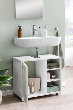Wohnling Waschbeckenunterschrank WL5.341 (60x55x32cm Badschrank Weiß mit Tür, Unterschrank) Waschtischunterschrank mit Regal und Tür, Badmöbel