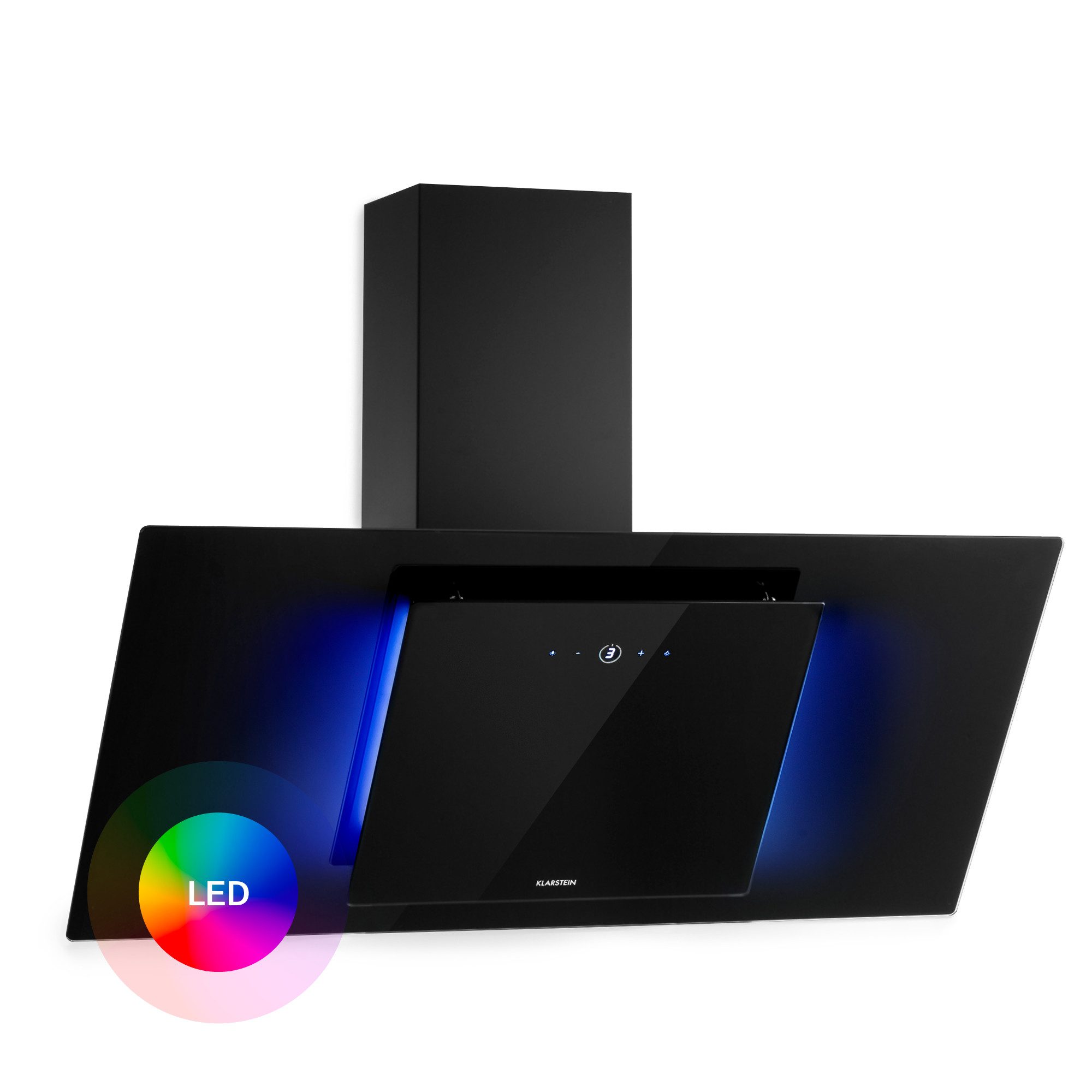 Klarstein Deckenhaube Eleonora 90 Serie Eleonora 90 Wandhaube 90 cm 420 m³/h A++ Touch RGB-Ambiente Glas-Front Eleonora 90, Abzugshaube kopffrei Abluft Umluft Wandhaube mit Aktivkohle & 3 Stufen