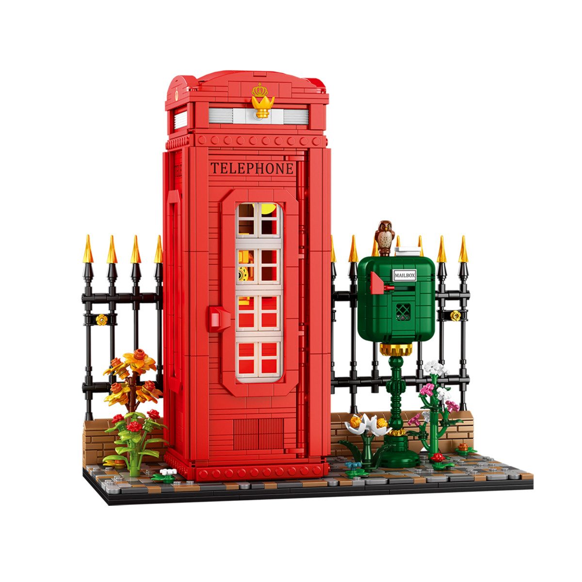 Reobrix 66609 Spielbausteine, (Klemmbaustein-Set, 1707 St., 1707-teiliges Architekturmodell), Retro Telefonzelle mit integriertem Lichteffekt