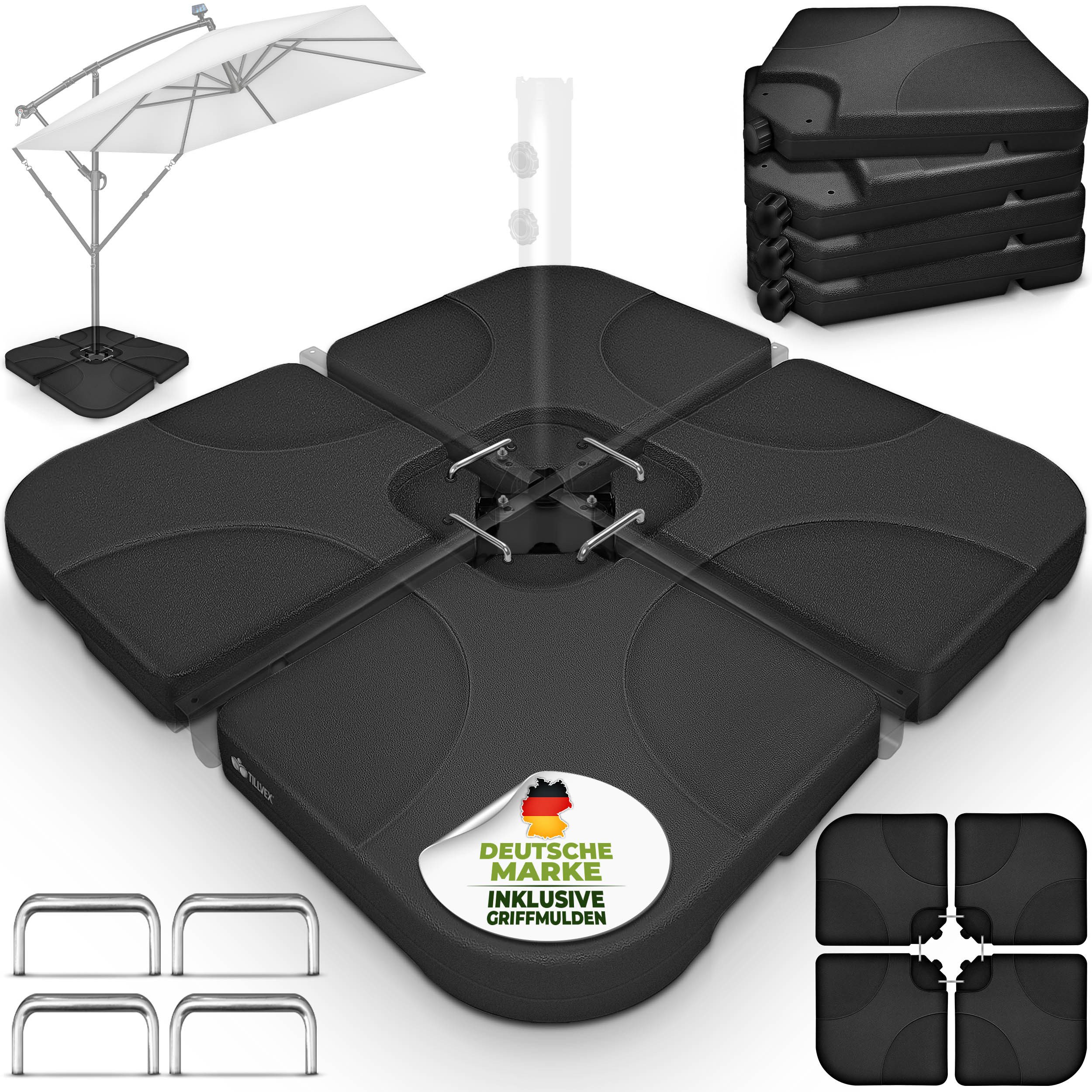 tillvex Sonnenschirm tillvex® Sonnenschirmständer 60L / 80kg Schirmständer Schirmgewicht, Schirmständer Ampelschirmständer wetterfest, inkl. Metallverbinder Schirmgewicht befüllbar, Sonnenschirmständer 60 Liter / 80 kg – 4-teilig für Ampelschirm