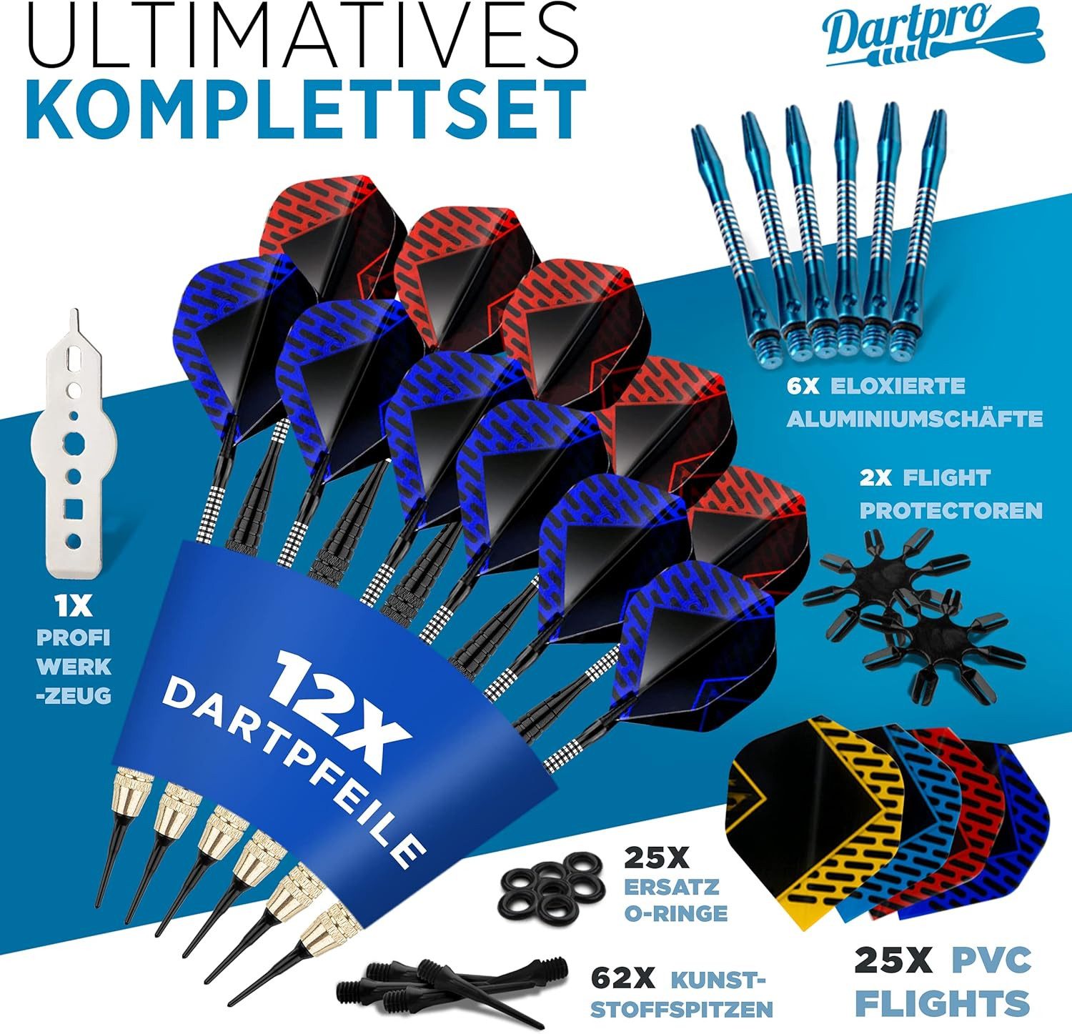 DartPro Dartscheibe elektronisch - für Profis -, (129 teiliges Set mit 12 Dartpfeilen und Zubehör ohne Dartscheibe), 12 Pfeile für E-Dartboard