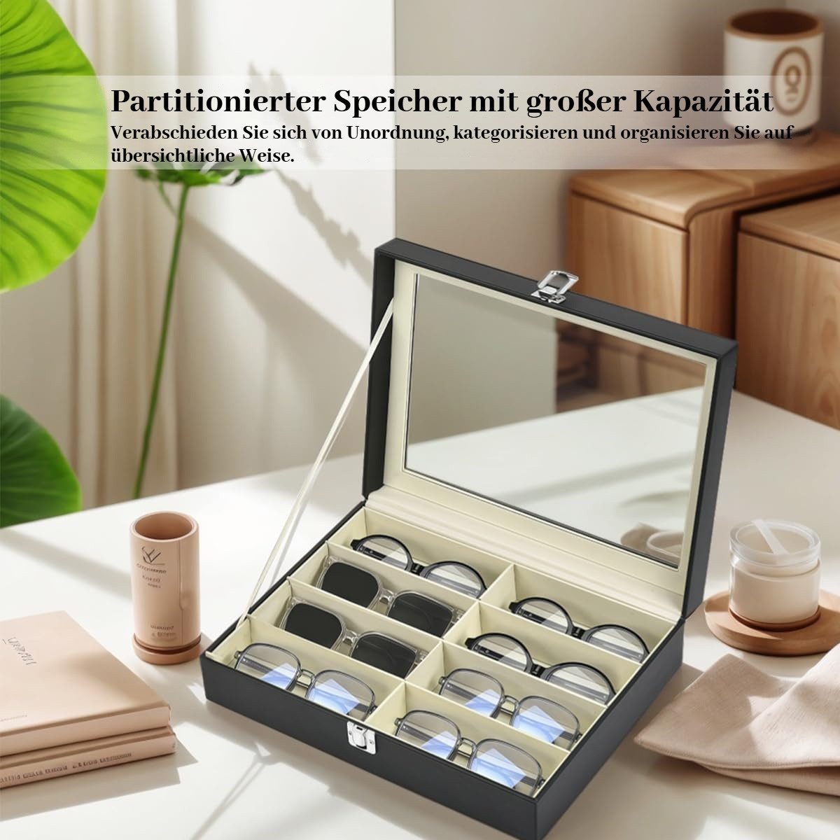 BlingBin Aufbewahrungsbox Schmuckkasten Brillenbox zur Aufbewahrung von 8 Brillen (1er Set, 1 St., 8 Fächer), 34 x 25 x 9 cm Sonnenbrillen Präsentation Brillendisplay