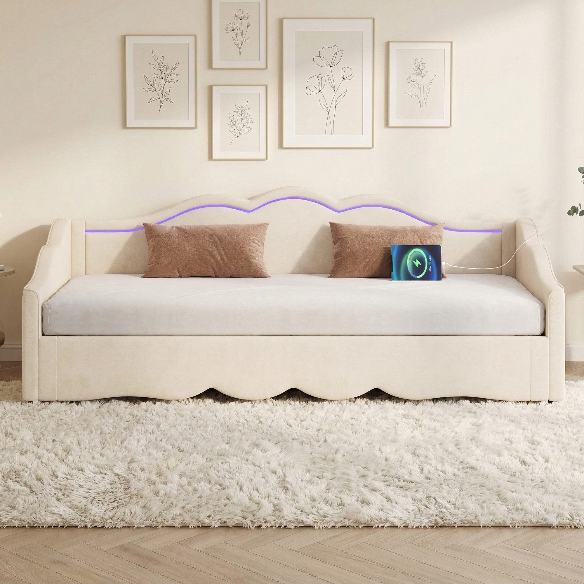 Odikalo Schlafsofa Schlafcouch 90x200 mit LED und USB-Anschluss, Polsterbett, Tagesbett, ausziehbar auf 180 cm, Beige Samt