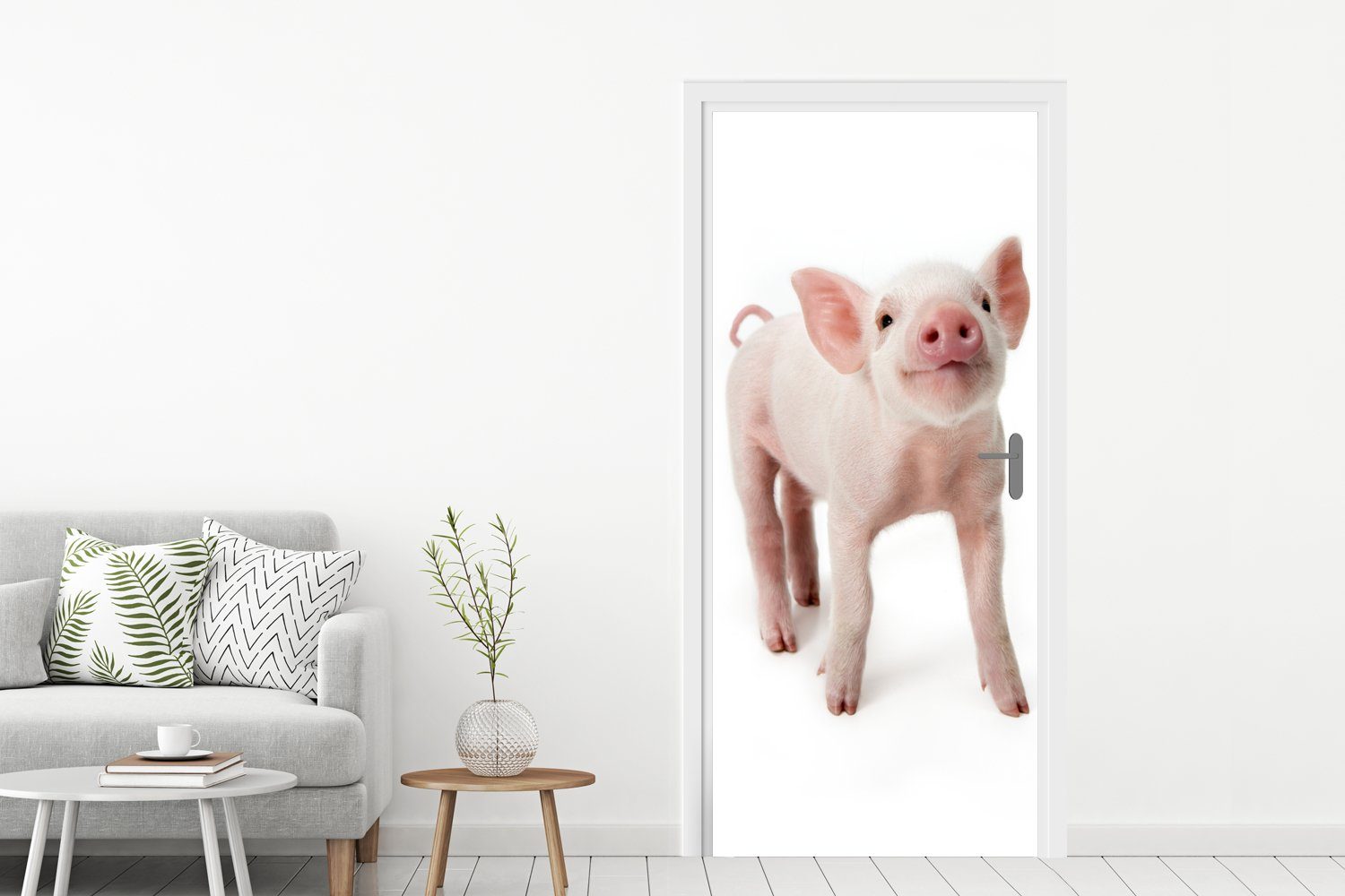 - Tiere Türaufkleber, für - 75x205 Weiß, Türtapete Schwein Tür, (1 cm Fototapete MuchoWow Matt, St), bedruckt,
