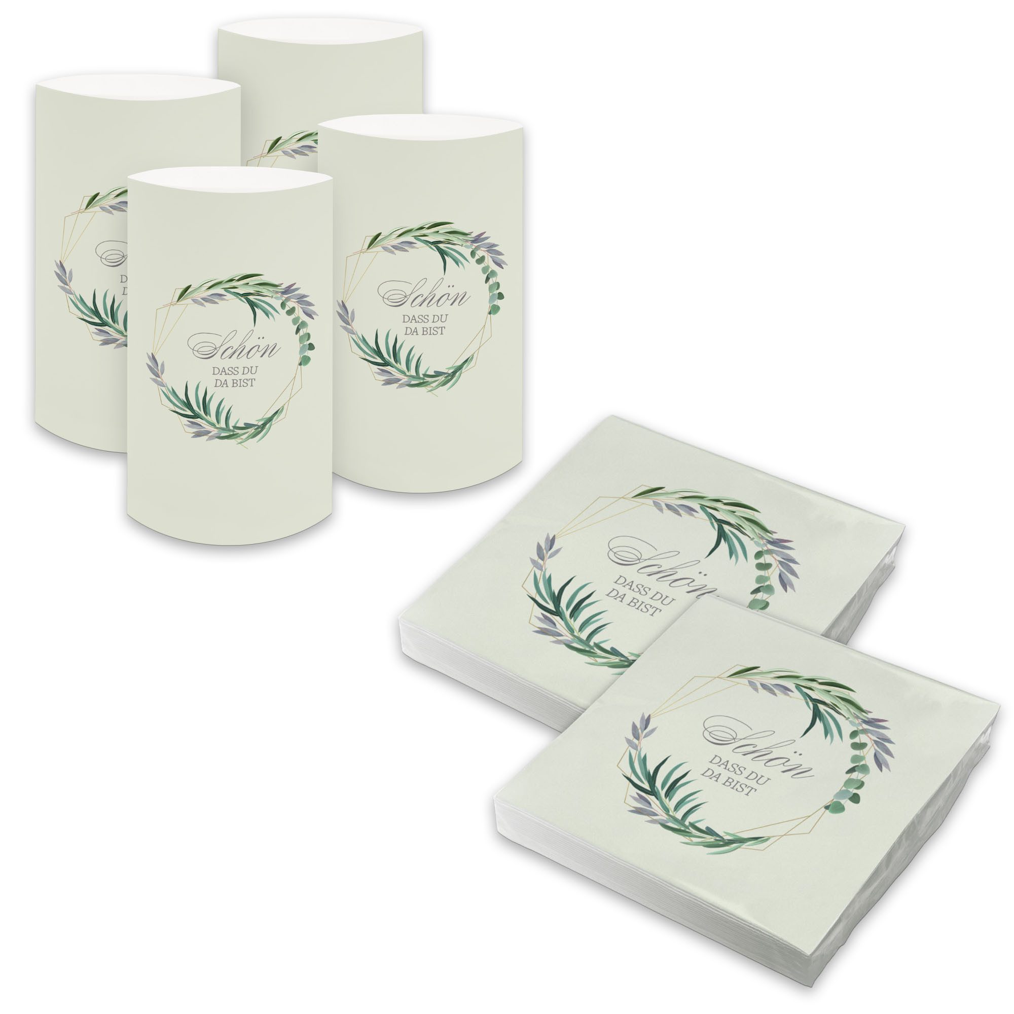 itenga Papierserviette itenga 6x Windlicht + 40x Servietten - Schön dass du da bist - Eukalyp