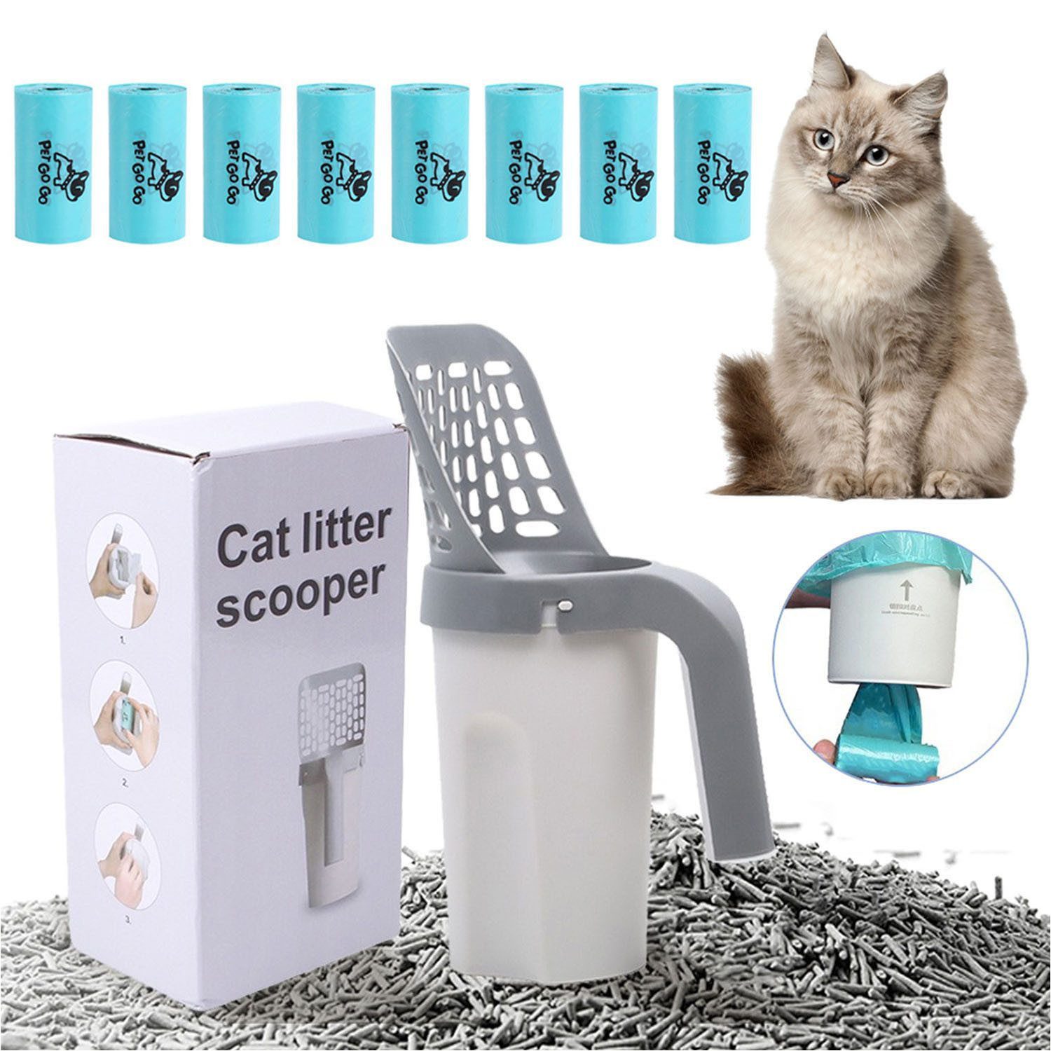Refttenw Katzentoilette Katzenstreuschaufel 2 in 1 Abnehmbar Schaufel ​für Katzenstreu, mit 120Stk biologisch abbaubar Abfallsäcken