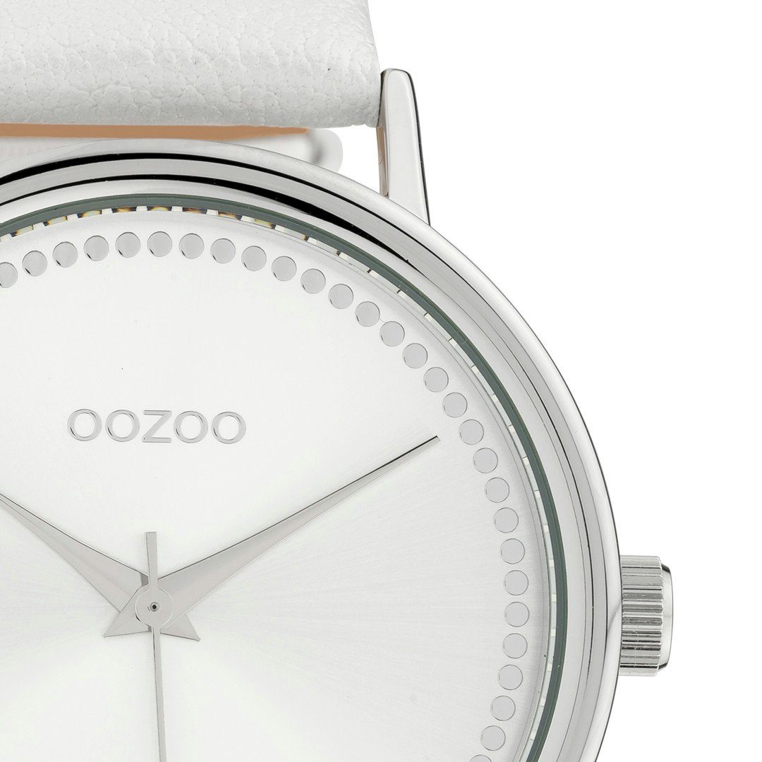 OOZOO Quarzuhr Oozoo Damen Armbanduhr OOZOO Timepieces, Damenuhr rund, groß  (ca. 42mm), Lederarmband weiß, Fashion, Oozoo Damen Uhr Armbanduhr C10149  Weiss Lederband 42 mm