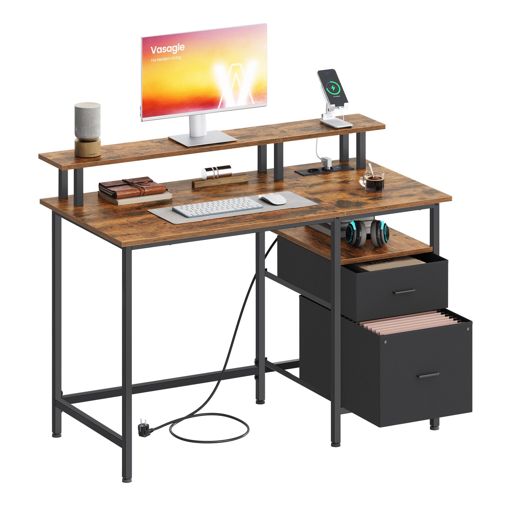 VASAGLE Schreibtisch Computertisch, mit Monitorständer, Bürotisch, 2 AC-Steckdosen, 2 USB-A-Anschlüsse