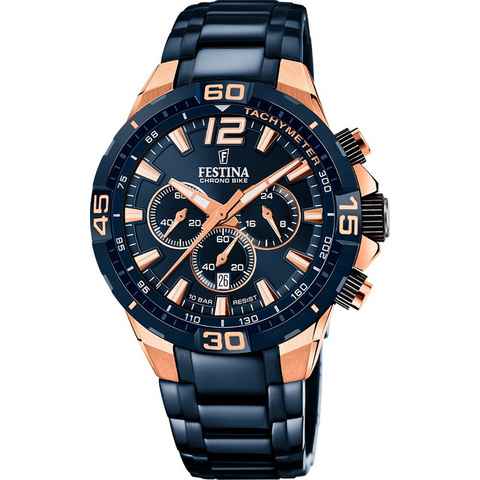 Festina Chronograph Festina Herrenuhr F20524/1 Edelstahlband, (Chronograph), Herren Armbanduhr rund, Edelstahlarmband dunkelblau, Sport