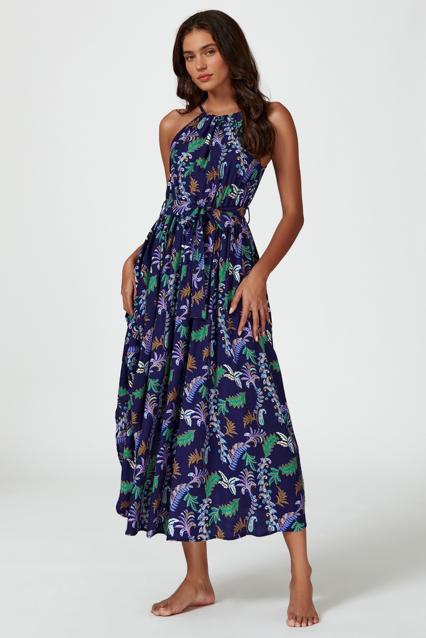 FS Collection Maxikleid Damen Maxikleid Sommerkleid Trägerkleid Ärmellos (XS (EU:36 / UK:8) · S (EU:38 / UK:10) · M (EU:40 / UK:12) · L (EU:42 / UK:14) · XL (EU:44 / UK:16), 5 Farben : Weiß-Pink, Pink, Grün, Marineblau, Offwhite-Grün) Bindegürtel, floraler Print, fließender Fall, Trägerdesign