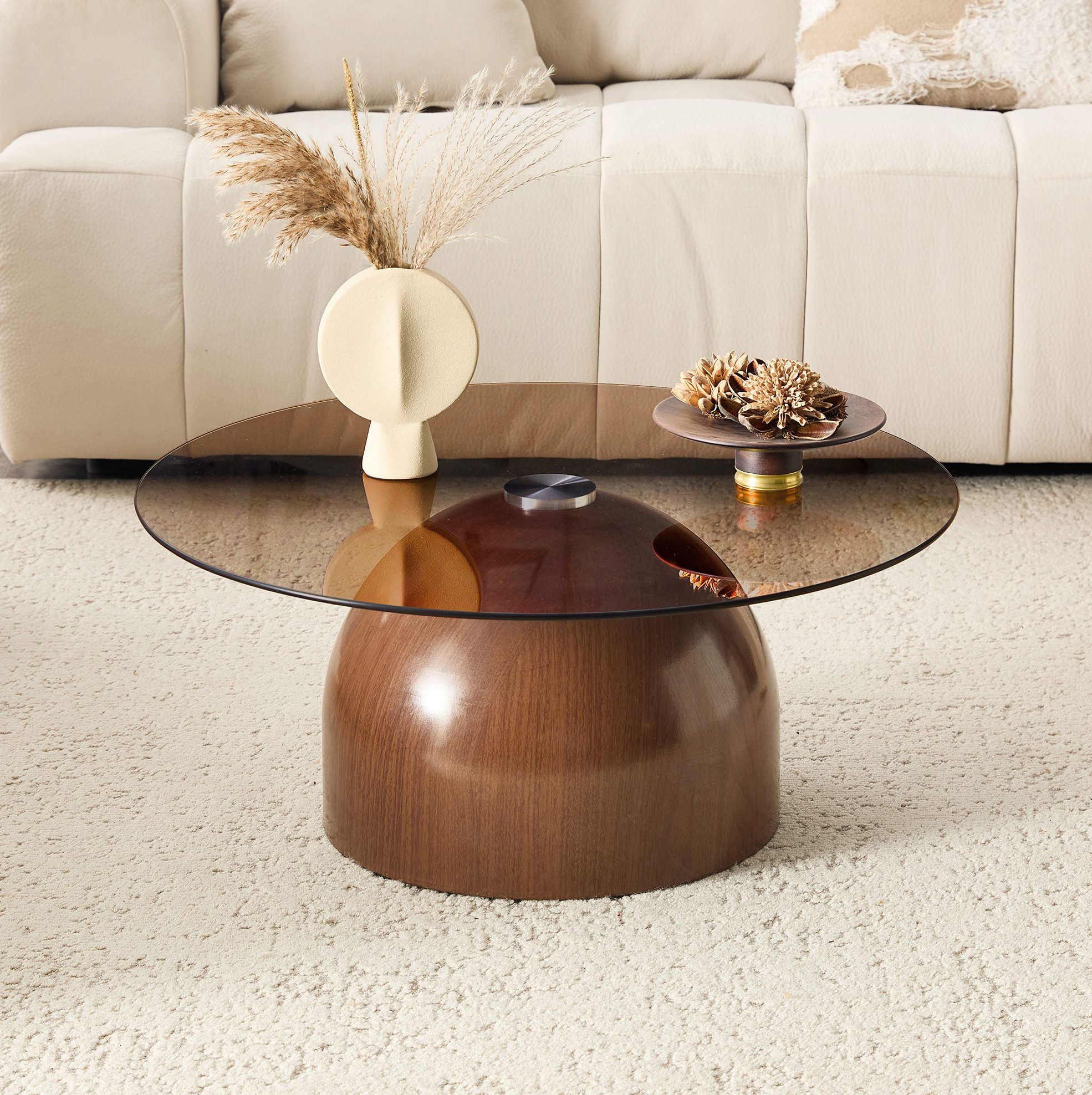 MODFU Couchtisch Ø70 cm, runder Beistelltisch mit kratzfester Glasplatte (1-St., rutschfester Basis für Zuhause und Büro), Sofatisch