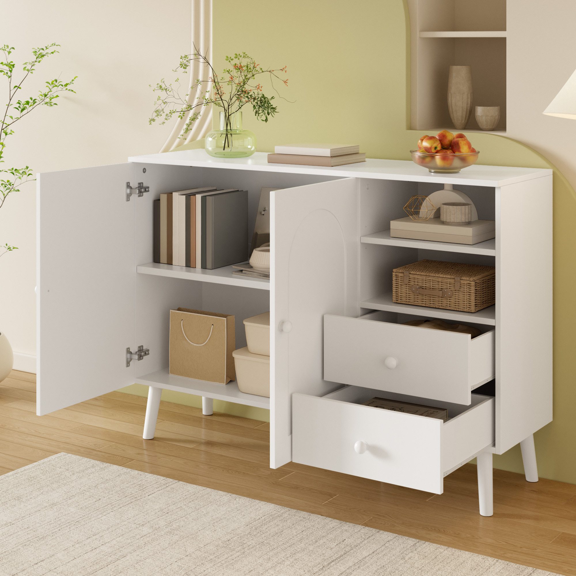 STILVORA Sideboard Aufbewahrungsschrank Kommode mit Schubladen und Holzfüße (2 Schubladen, 2 offene Fächer, Holzgriffe, Holzfüße, Gewölbte Fronten, pflegeleicht, formstabil, erhöhte Konstruktion), für Wohnzimmer, Esszimmer, Flur, Eingangsbereich, Arbeitszimmer