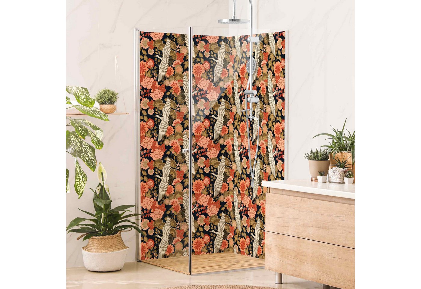 Thumbnail - Bilderdepot24 Badrückwand Blumen bunt Duschrückwand ohne Bohren Dusche Muster Tiere, (2-tlg., Hart-Folie Premium matt 0,...