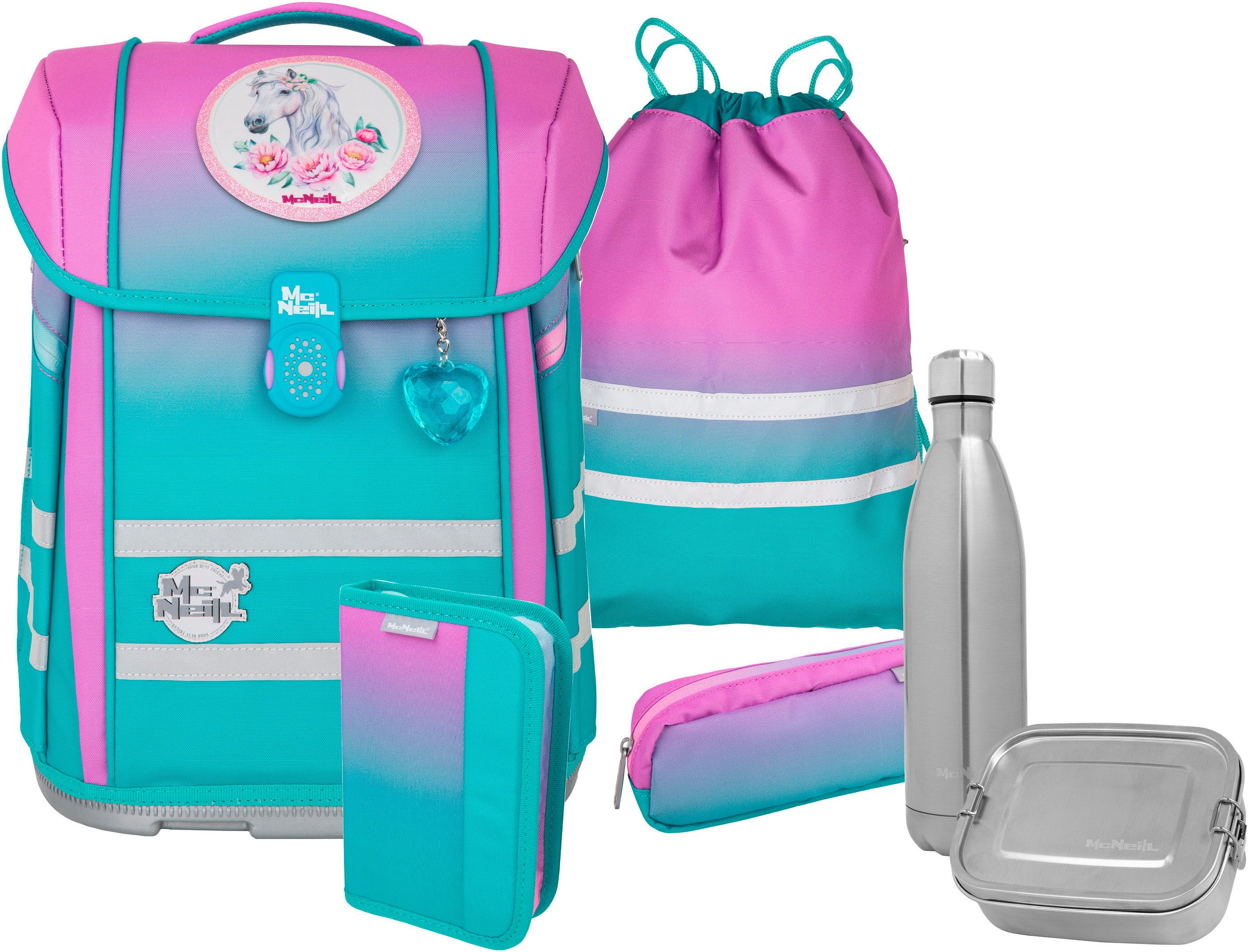 McNeill Schulranzen Perfecto, Blueberry (Set, 5-tlg), inkl. Federmäppchen, Turnbeutel, Schlamperrolle & Motivmagnet
