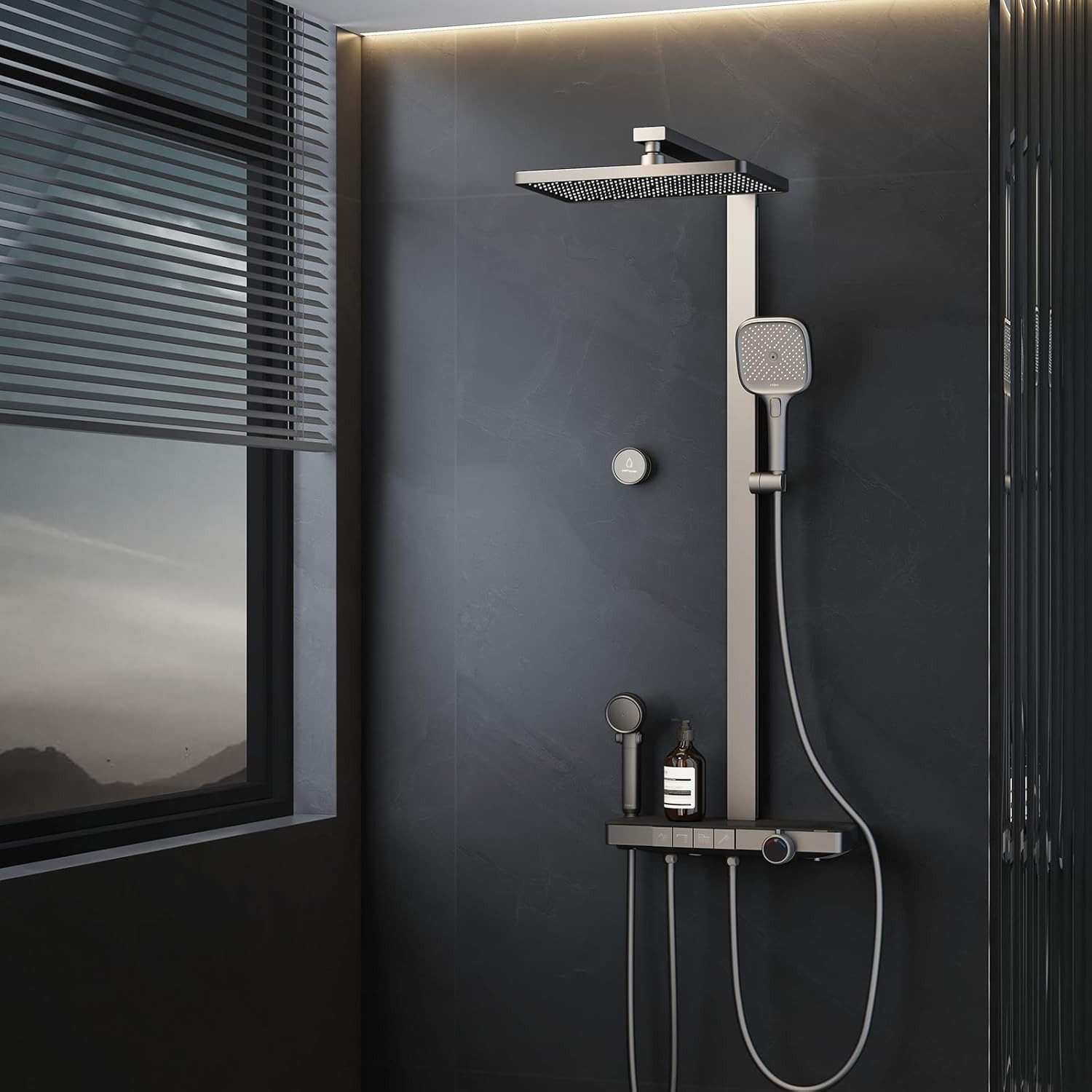 EMKE Duschsystem mit Thermostat, Regendusche mit Ablage, Anti-Kalk, Bluetooth-Steuerung, Höhe 113 cm, 4 Strahlart(en), Regendusche,Kinderdusche,Bluetooth,Anthrazit Matt