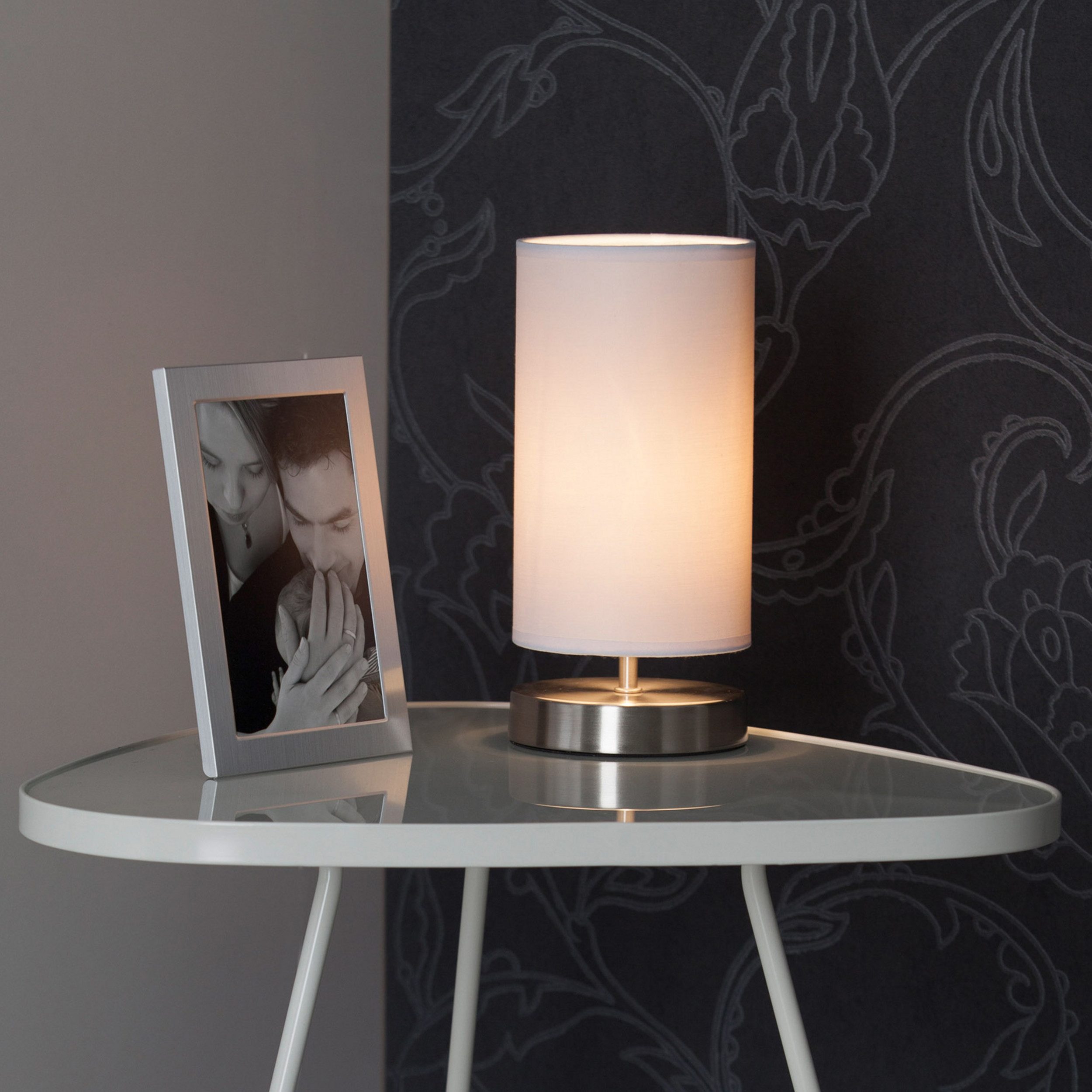 Lightbox Tischleuchte, ohne Leuchtmittel, Tischlampe mit dekorativem Stoffschirm und Schalter - Metall/Textil