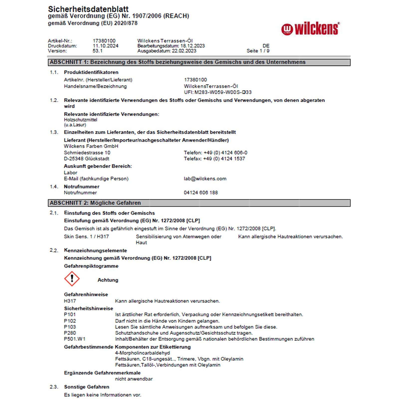 Wilckens Farben Holzöl Terrassen-Öl - 2.5 Liter