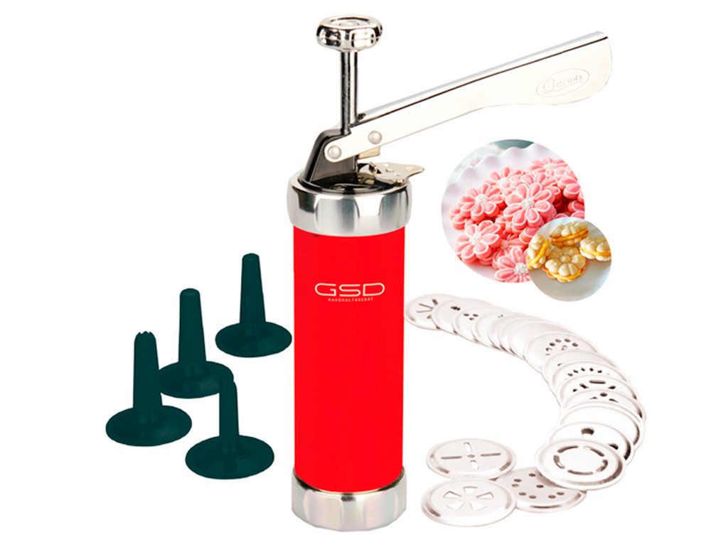 GSD HAUSHALTSGERÄTE Gebäckpresse GSD-Metall-Gebäckpresse, (Set, 25-tlg., Gebäckpresse, 20 Metall-Matrizen, 4 Spritztüllen), mit Spezialverstellung für zwei verschiedene Keksgrößen
