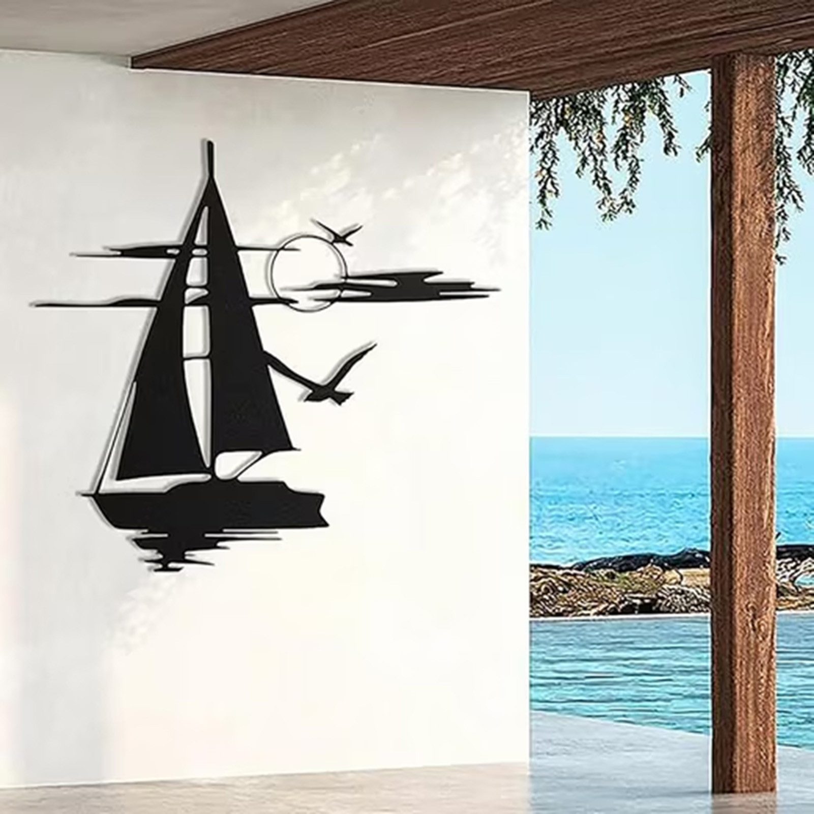 Jumpeak Wanddekoobjekt Dekoriertes Segelboot auf See,Wolkenmeer und Möwen b günstig online kaufen
