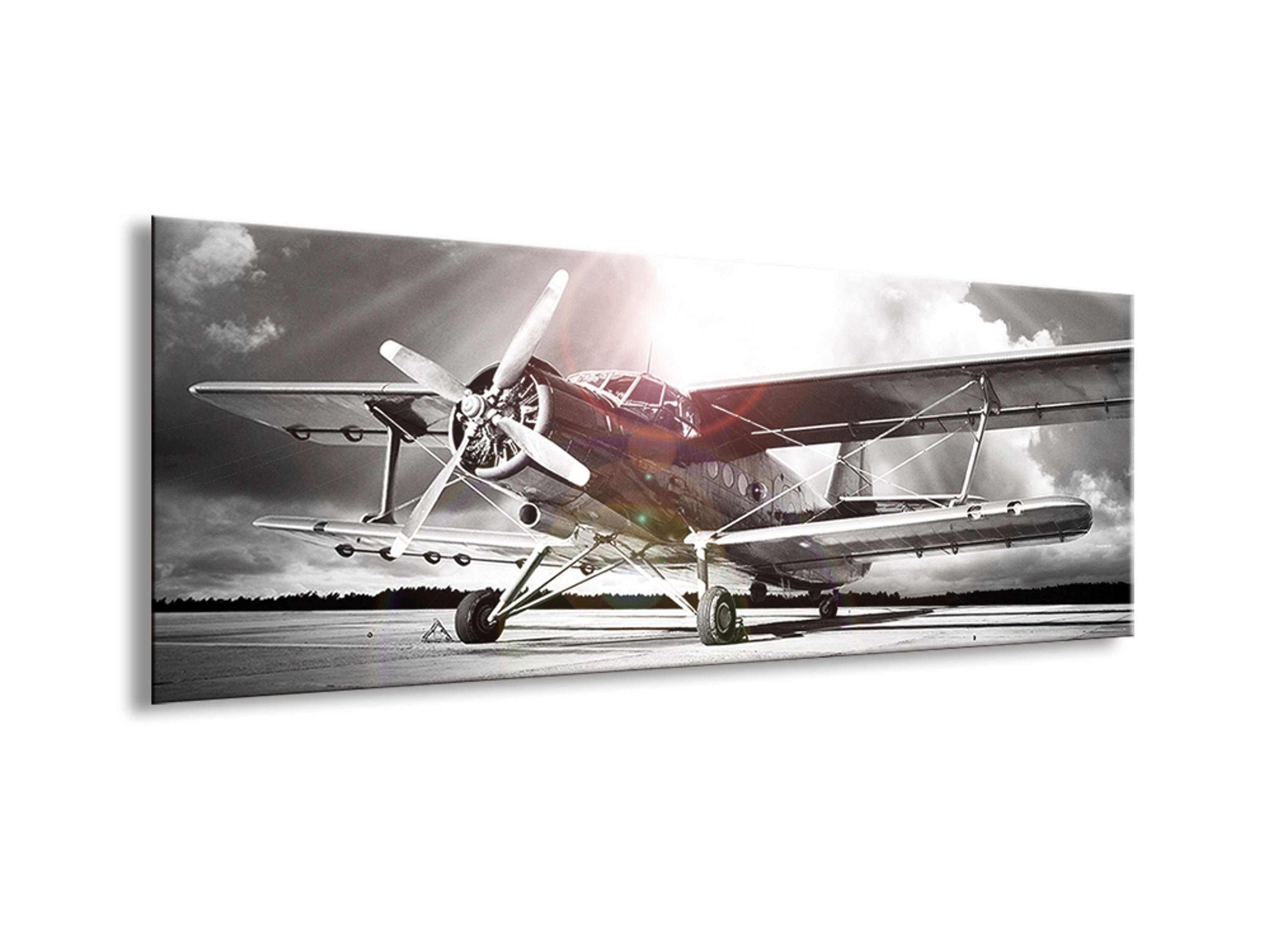 Glas Retro Flugzeug, schwarz-weiß Glasbild 80x30cm artissimo Bild aus Glasbild Flugzeug Fotografie: vintage Foto