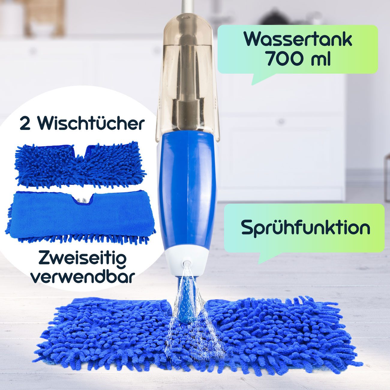 Casativo Bodenwischer-Set 2 in 1 Bodenwischer nass-trocken mit Sprühfunktion, (inkl. 2 Wischtüchern), Wassertank 700 ml, 180°-Schwenkkopf