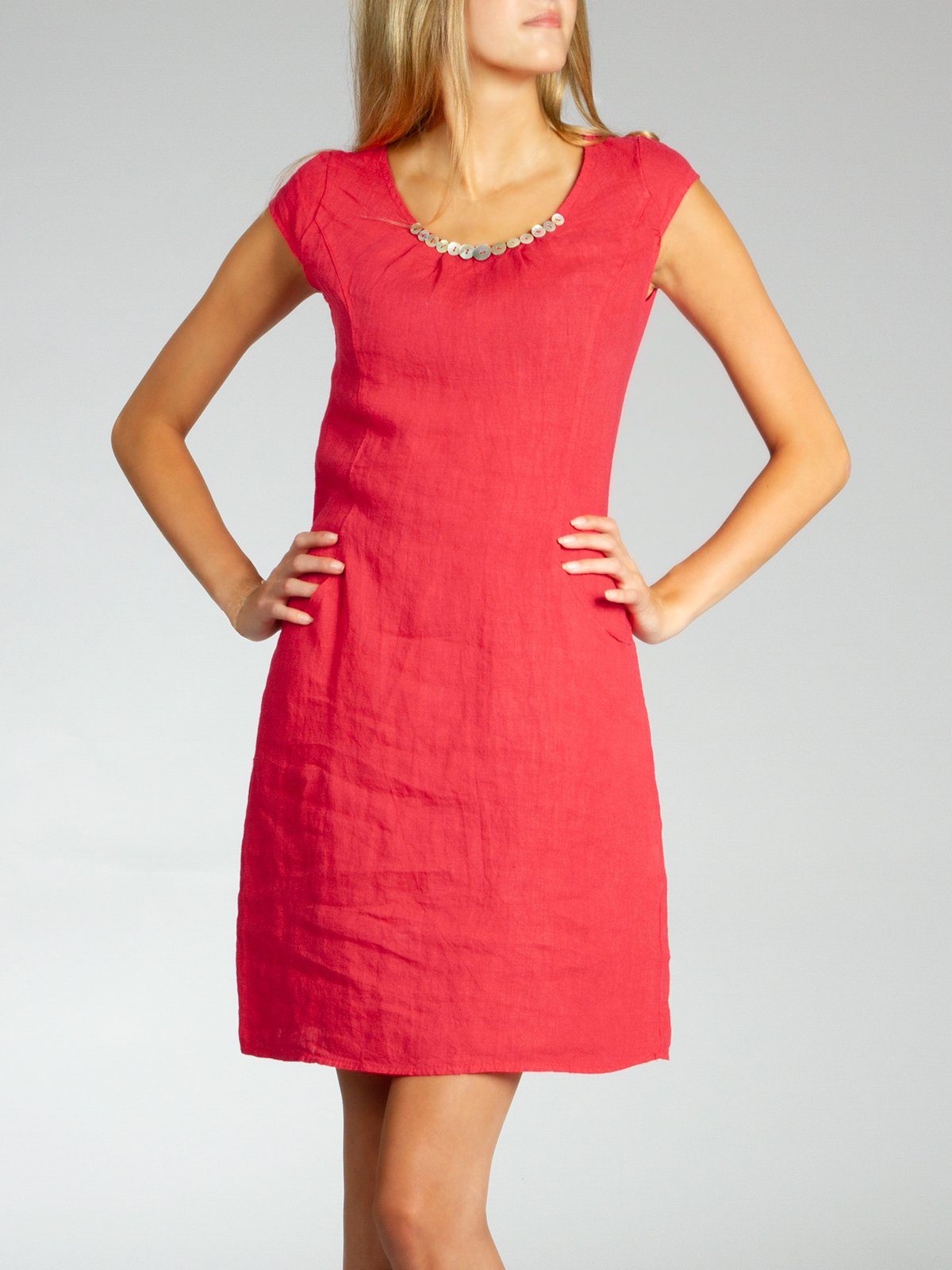 Caspar Sommerkleid SKL018 knielanges Damen Sommer Leinenkleid mit Perlmutt Knöpfe Dekor figurumspielender Schnitt, luftig leicht, angenehm kühlend