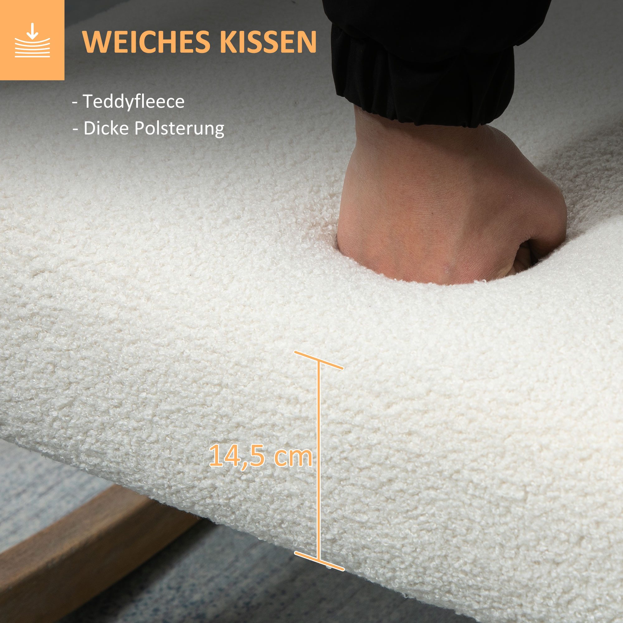 HOMCOM Schaukelstuhl gepolstert Relaxstuhl mit Holzrahmen (Loungesessel, 1 St), Kautschukholz Cremeweiß 60 x 76 x 77 cm – Bild 5 von 5