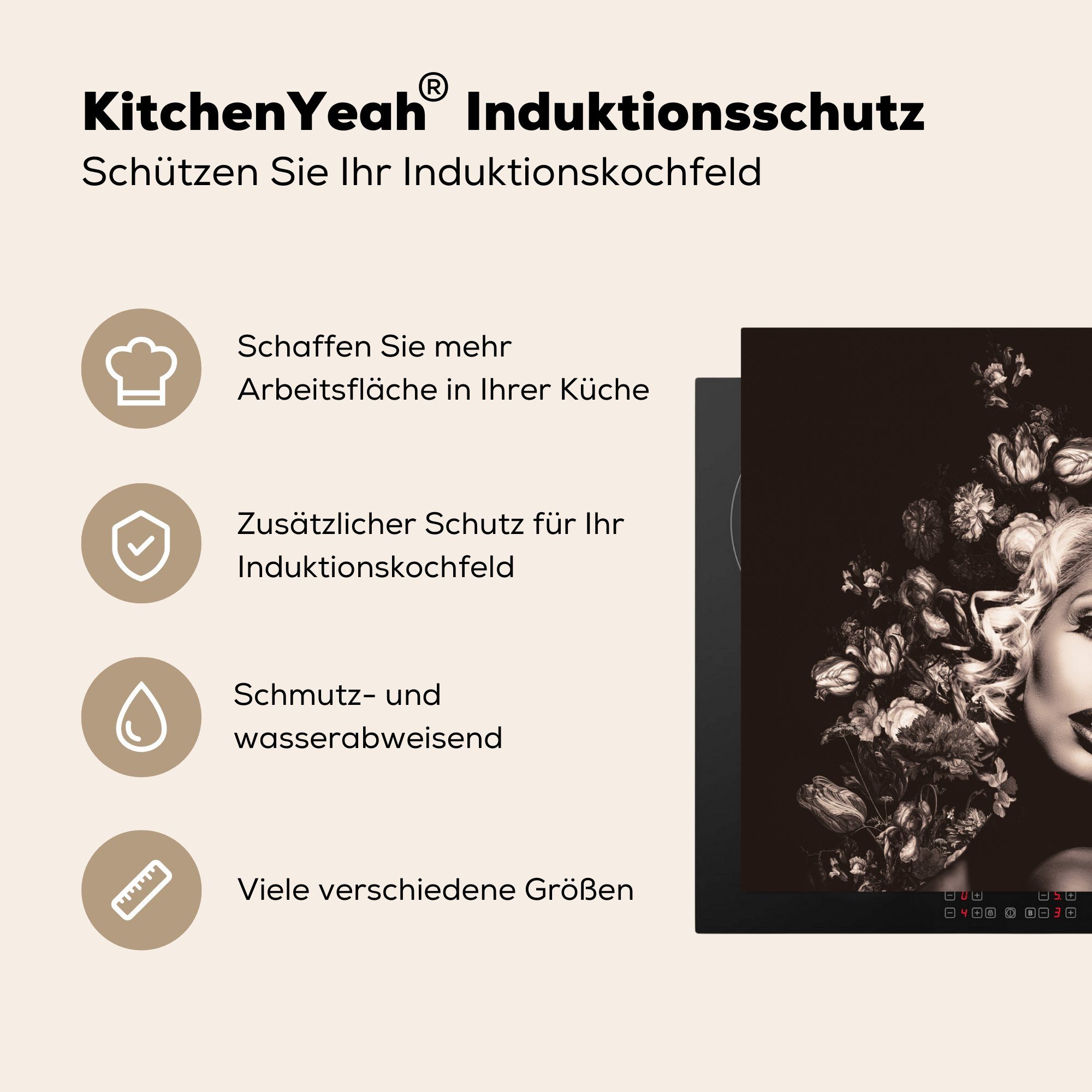 (1 MuchoWow tlg), die cm, Vinyl, - - - Induktionskochfeld Ceranfeldabdeckung Frau für Weiß Schwarz Schutz küche, Herdblende-/Abdeckplatte Blumen, 71x52
